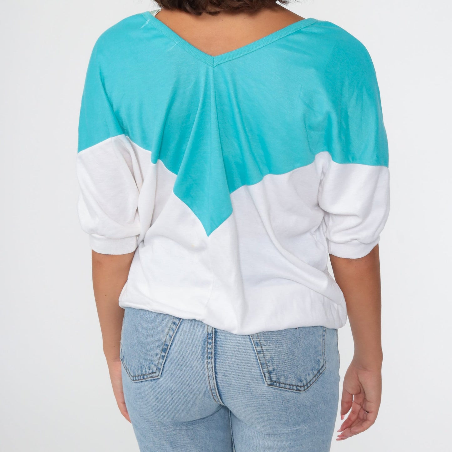 80s Turquoise White Color Block Dolman Sleeve V-Neck Top Large