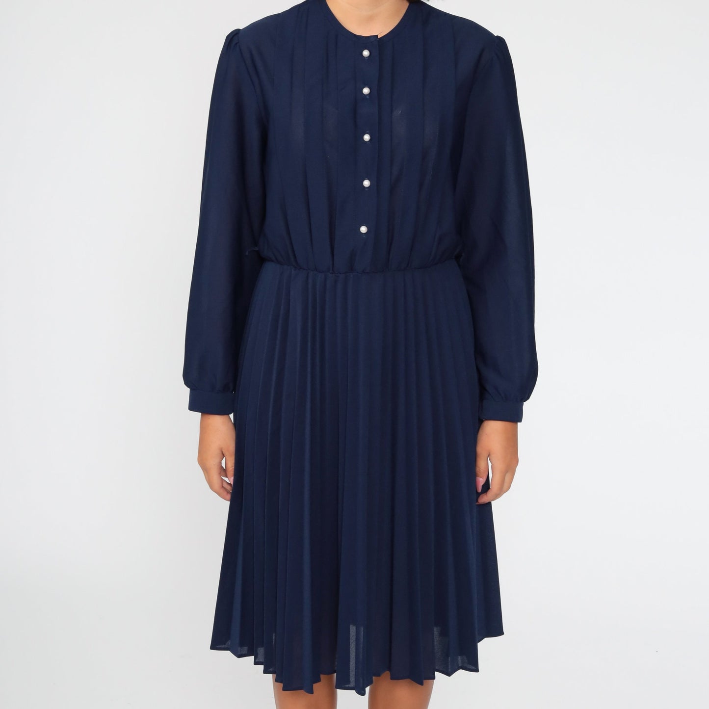 80s Navy Puff Sleeve Midi Dress High Waist Pleated Elastic Waist Medium