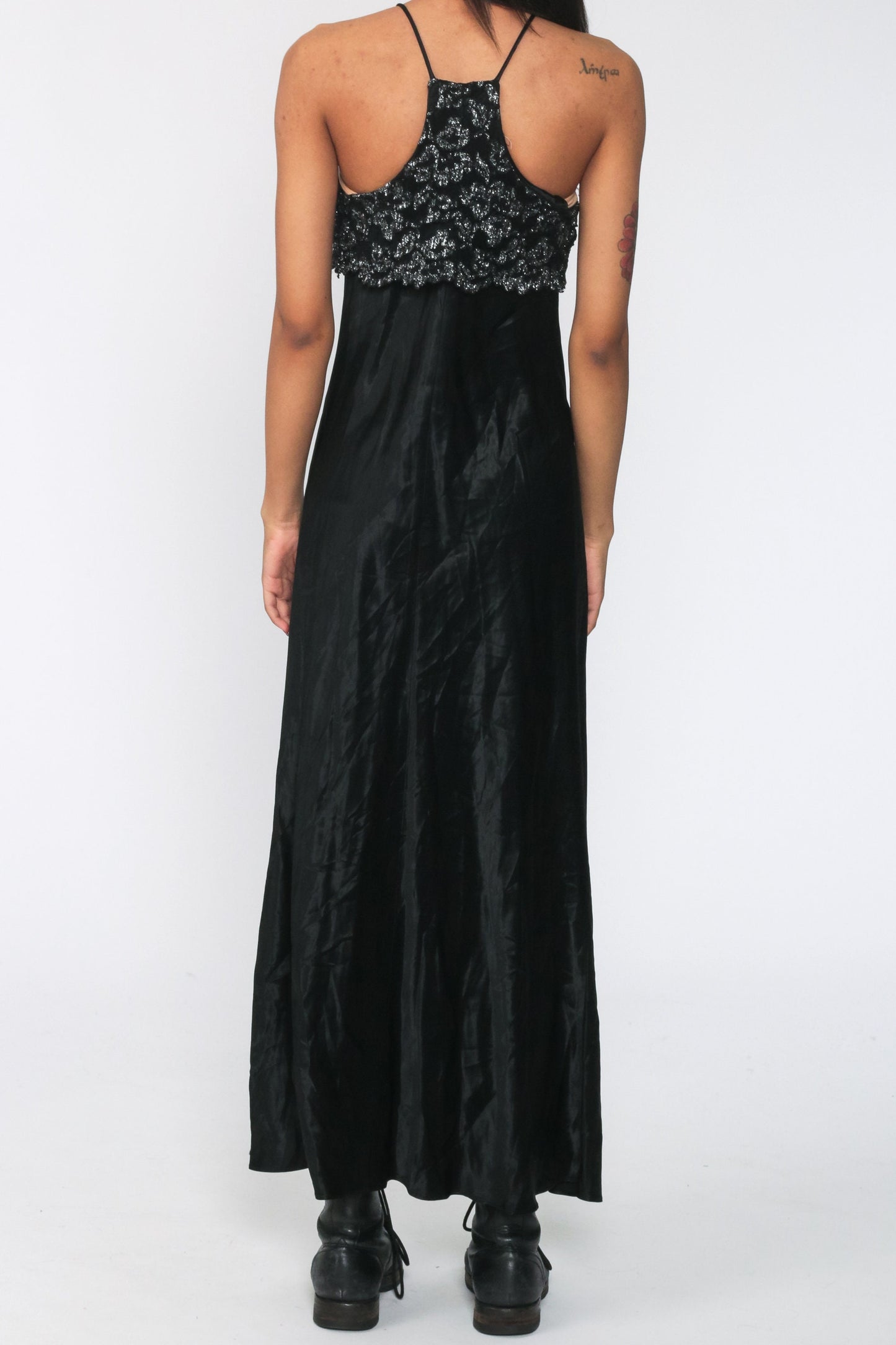90s Black Metallic Lace Maxi Dress Spaghetti Strap Racerback Small
