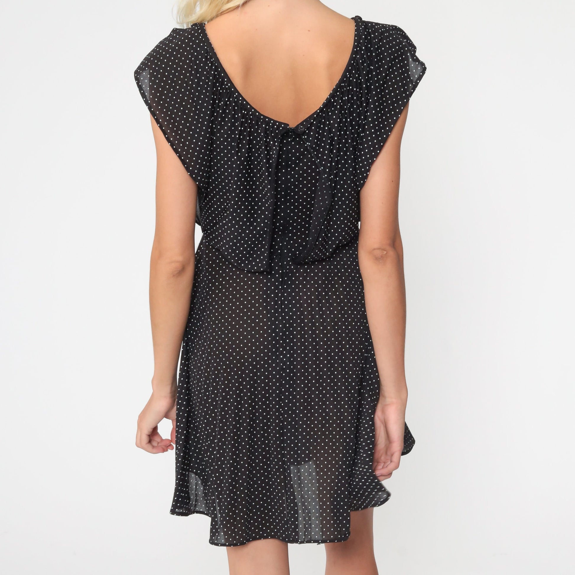 70s Black Polka Dot Mini Dress Flutter Sleeve High Waist Extra Small