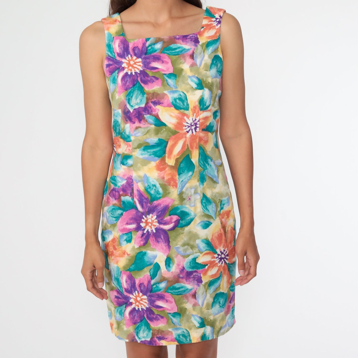 90s Tropical Floral Mini Dress Keyhole Back Sleeveless Sundress Small