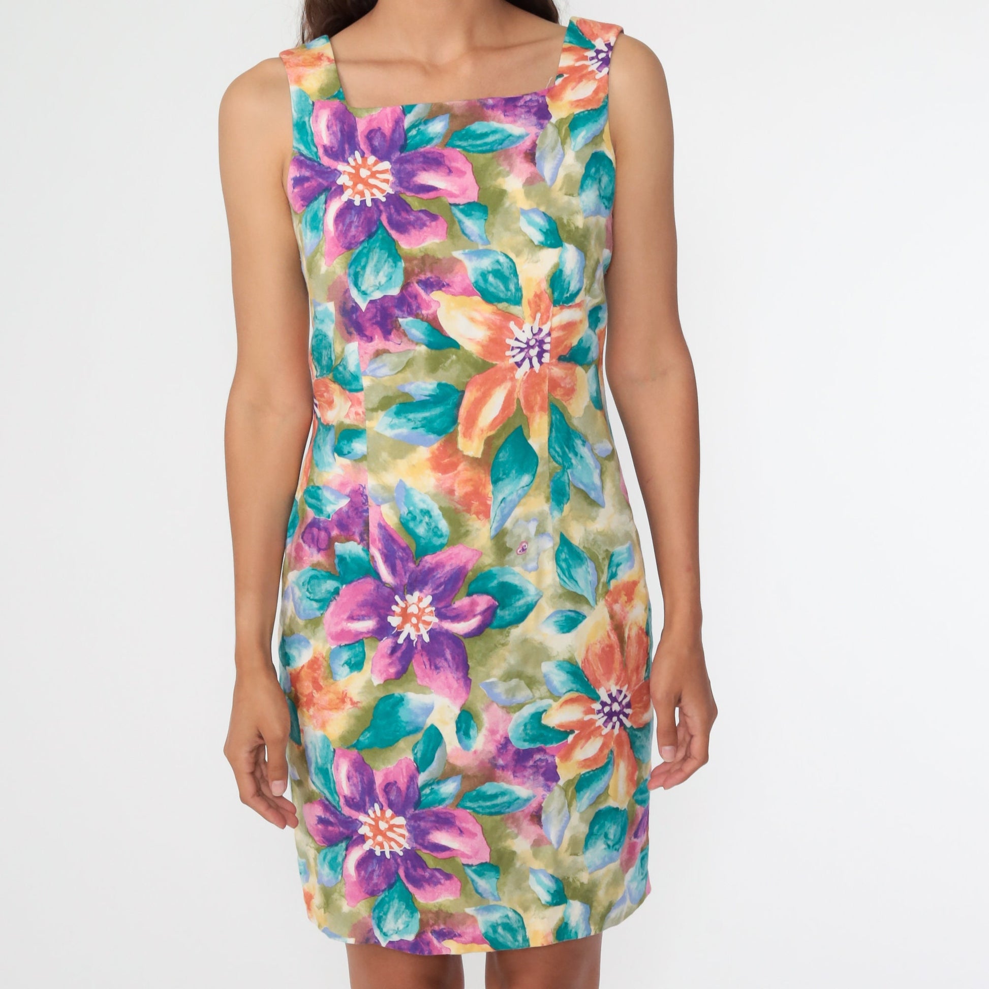90s Tropical Floral Mini Dress Keyhole Back Sleeveless Sundress Small