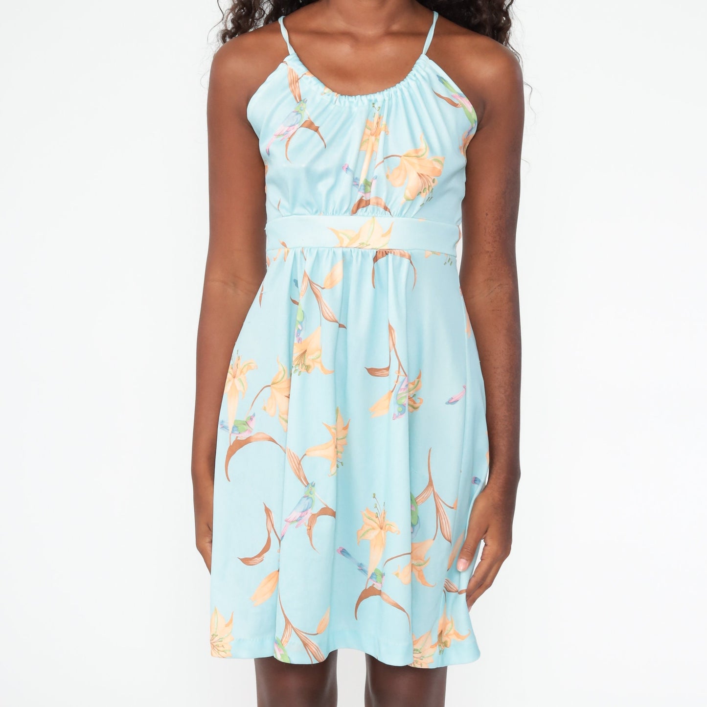 70s Tropical Floral Sun Dress Pastel Blue Criss Cross Back Mini Small Medium