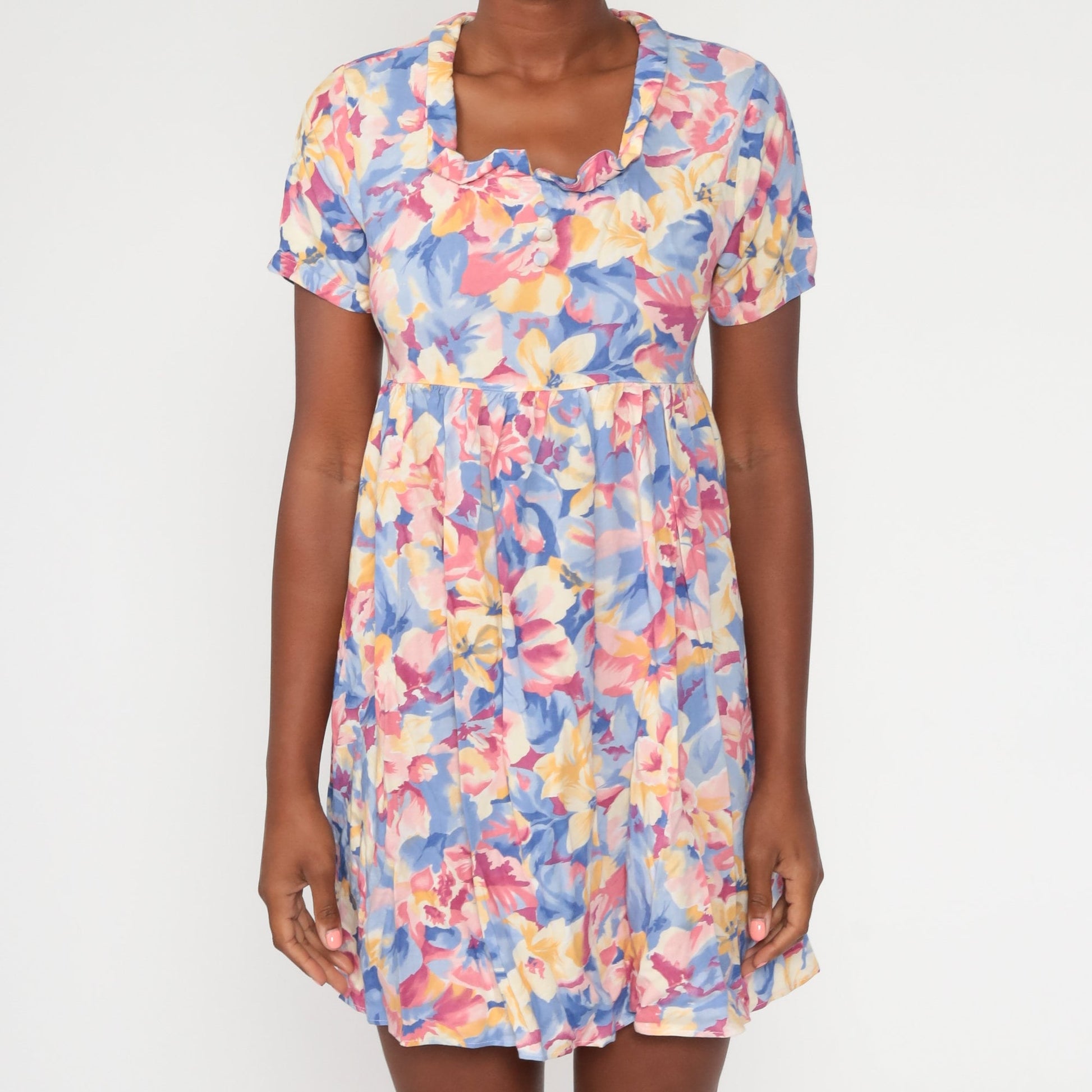 90s Floral Babydoll Dress Mini Empire Waist Short Sleeve Small