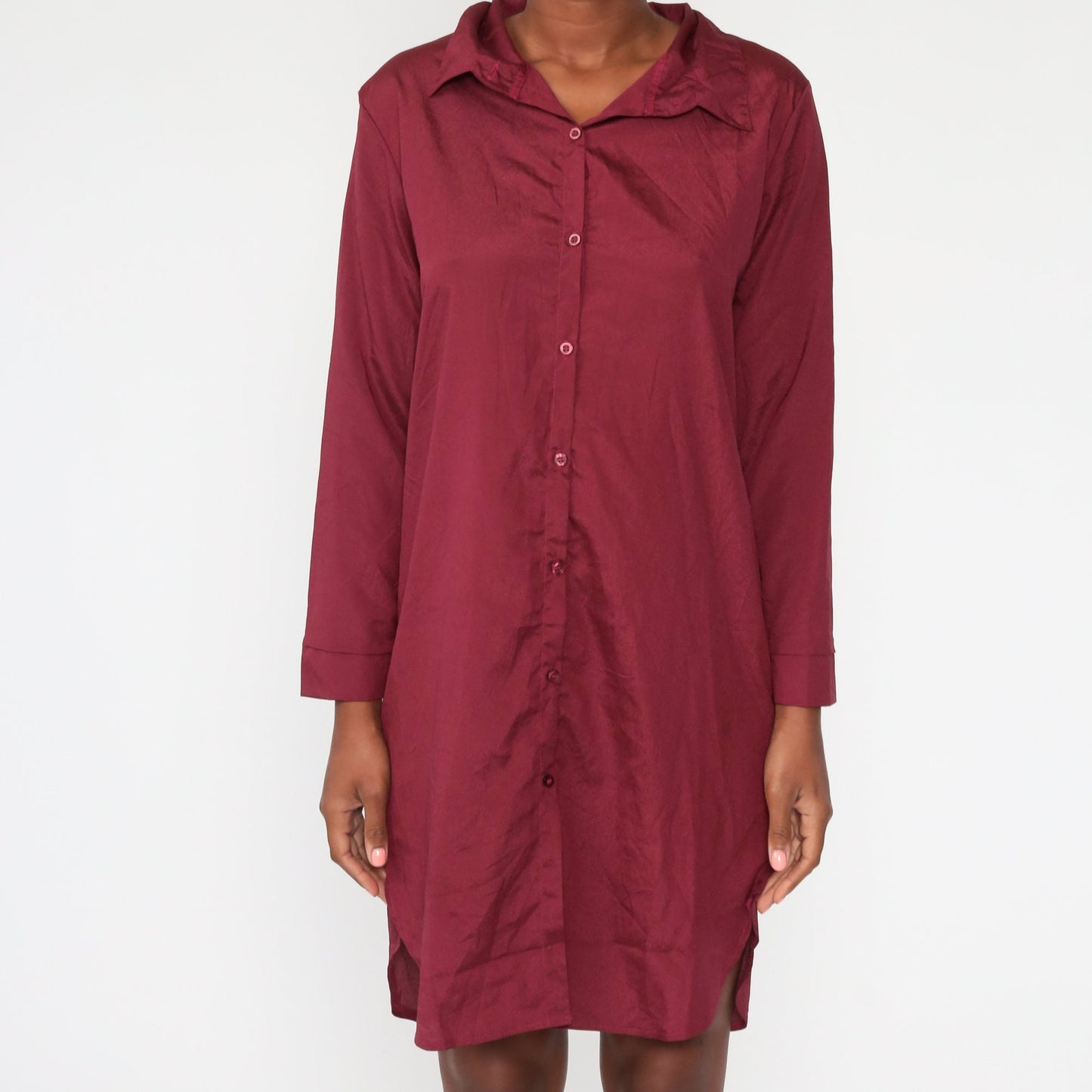 80s Burgundy Button-Up Shift Dress Long Sleeve Mini Medium