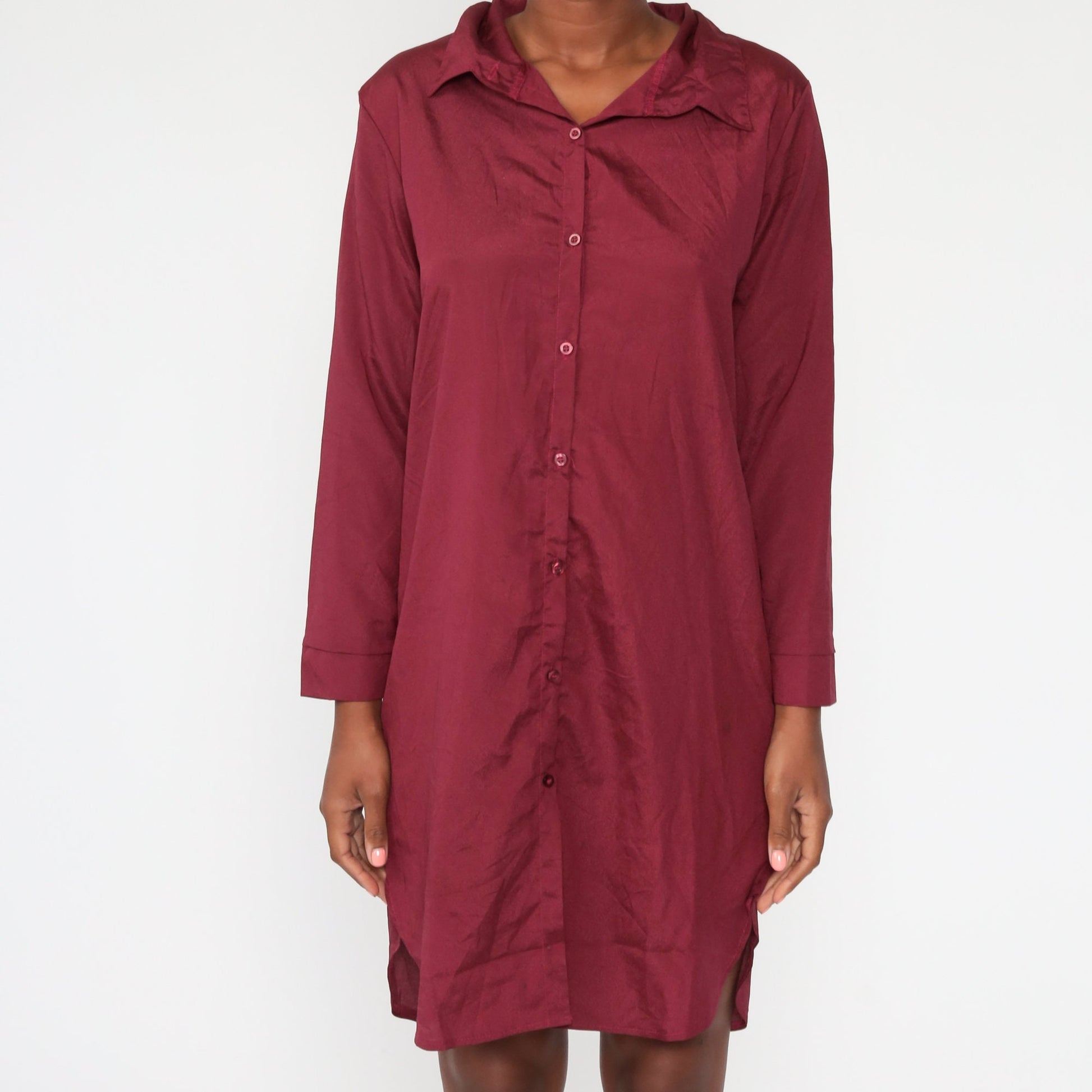80s Burgundy Button-Up Shift Dress Long Sleeve Mini Medium
