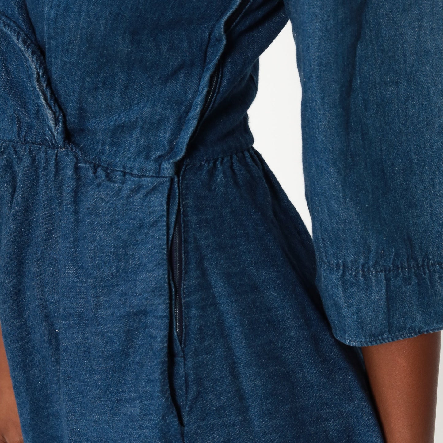 70s Denim Mini Dress Puff Sleeve V Neck High Waisted Blue Chambray Extra Small