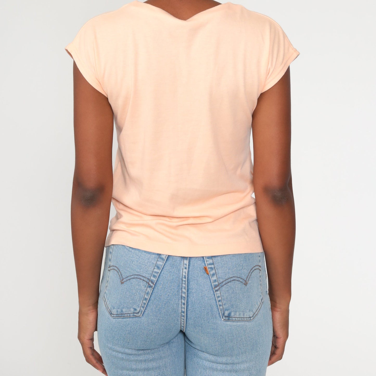 80s Peach Cap Sleeve T-Shirt Plain Cotton Tee Women's Medium