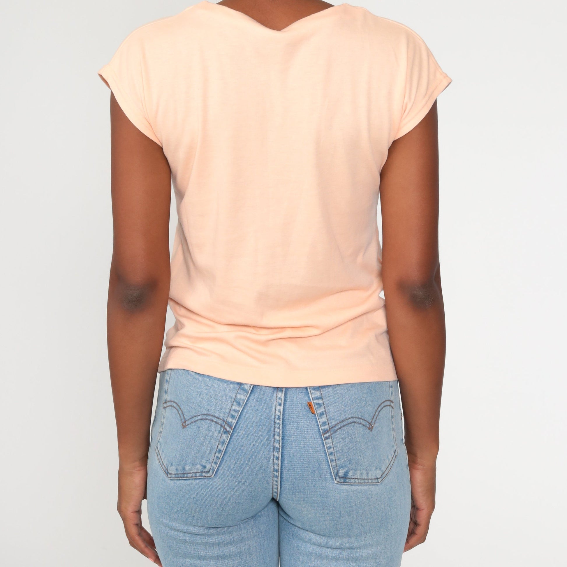 80s Peach Cap Sleeve T-Shirt Plain Cotton Tee Women's Medium