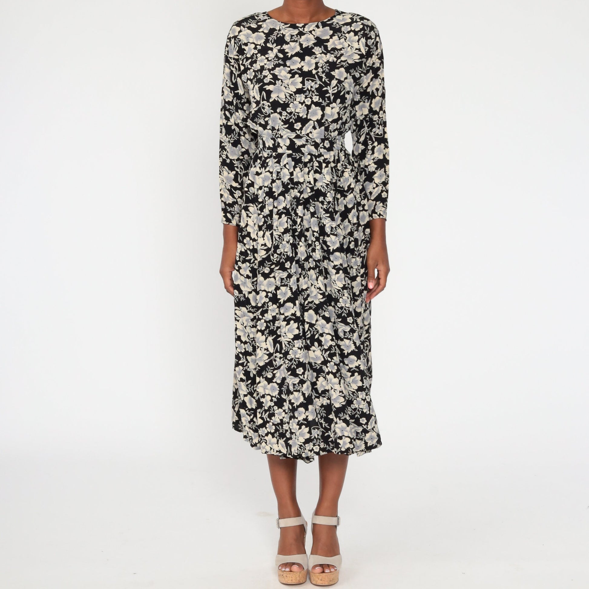 80s Black Floral Midi Dress Button Back Long Sleeve High Waisted Extra Small