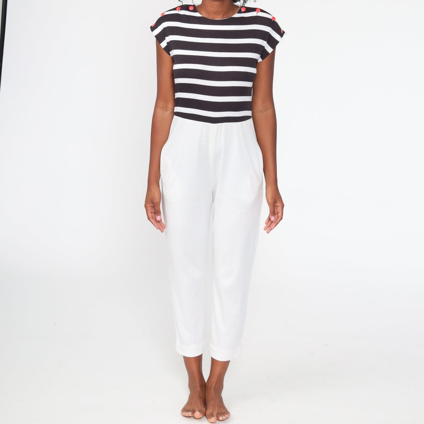 80s White Nautical Striped Jumpsuit Cap Sleeve Tapered Legs Small