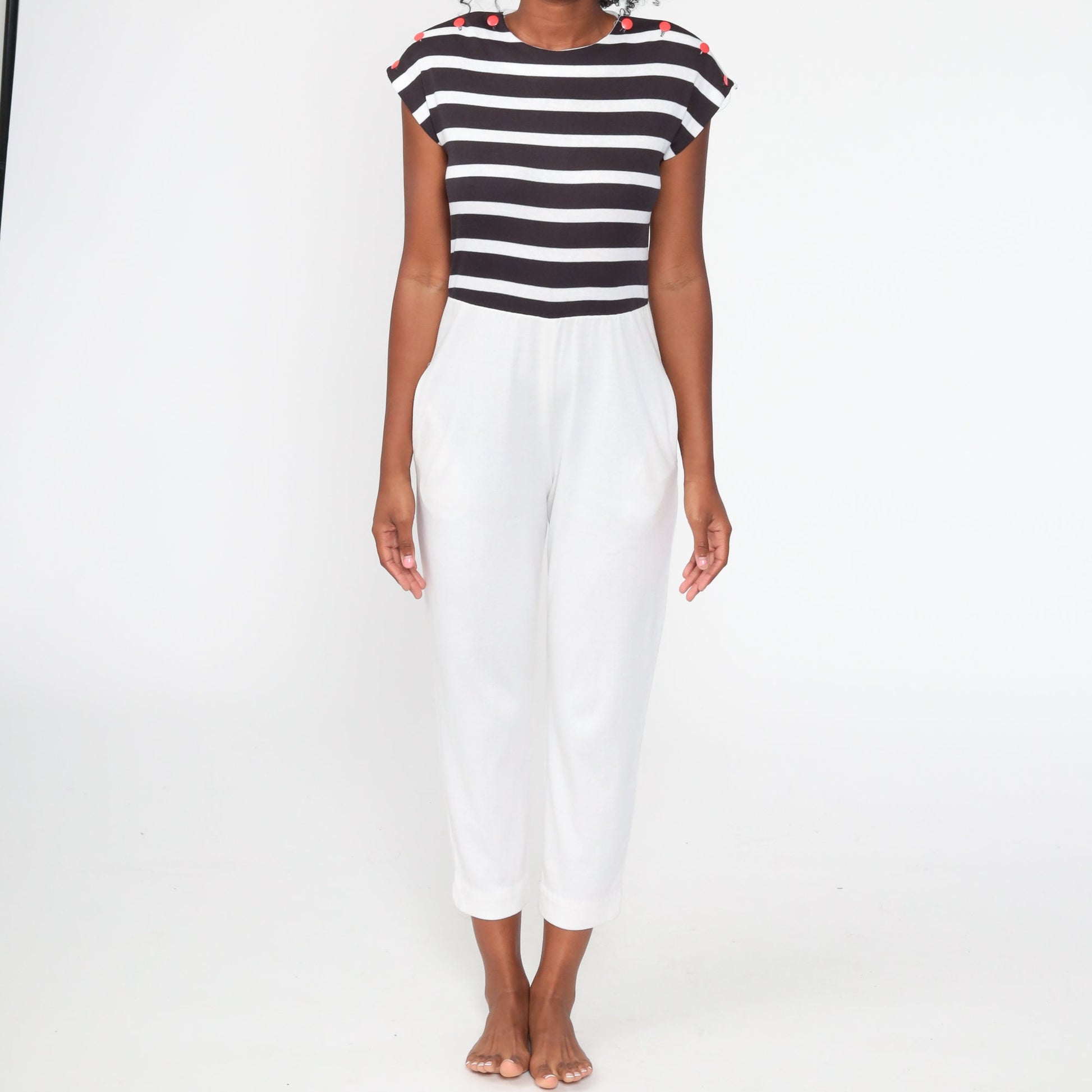 80s White Nautical Striped Jumpsuit Cap Sleeve Tapered Legs Small