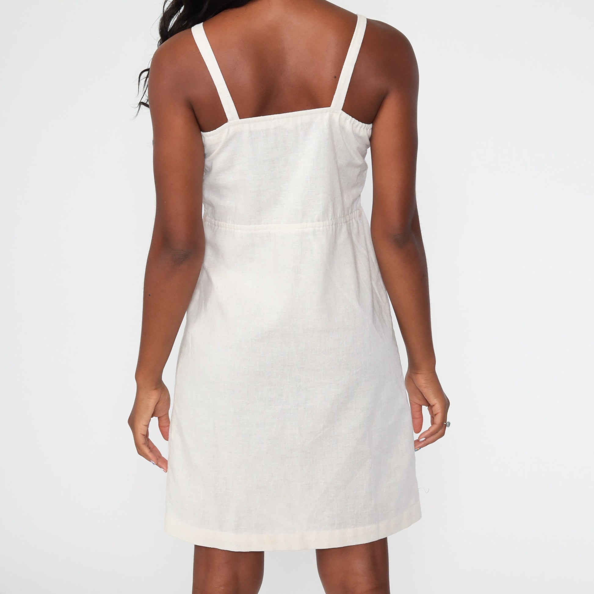 70s Cream Cotton Sundress High Waist Button Front Mini Lace Trim Extra Small
