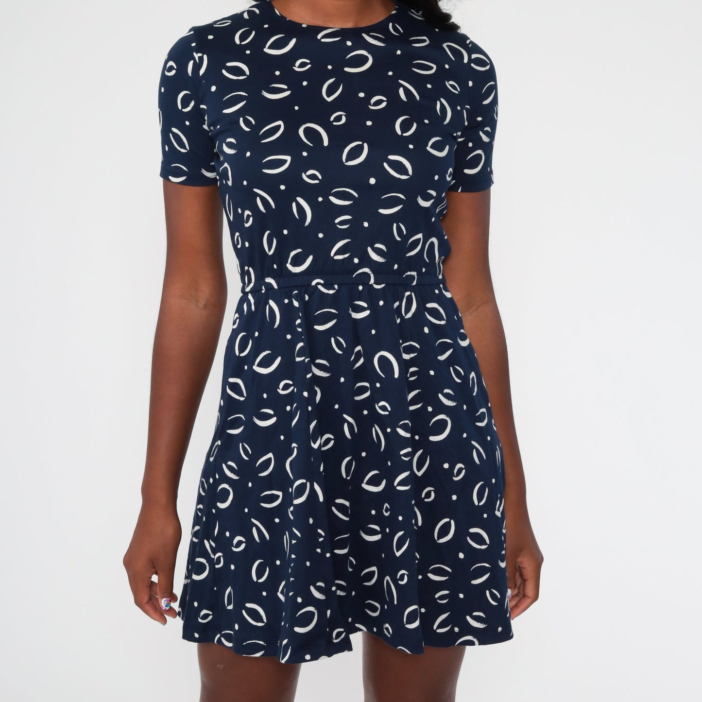 90s Lands' End Navy Leaf Print Mini Dress High Waist Pockets Extra Small XS