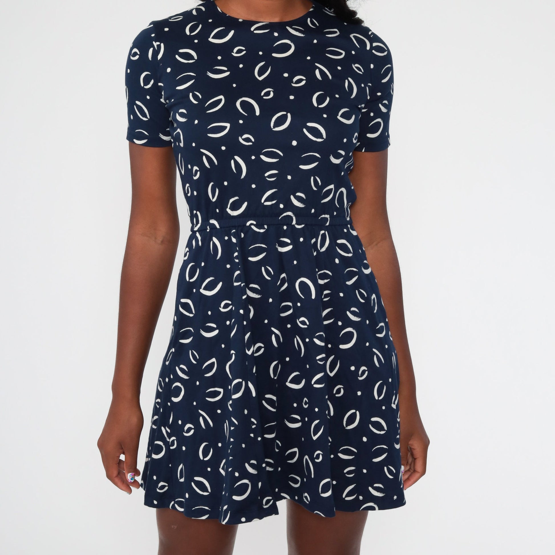 90s Lands' End Navy Leaf Print Mini Dress High Waist Pockets Extra Small XS