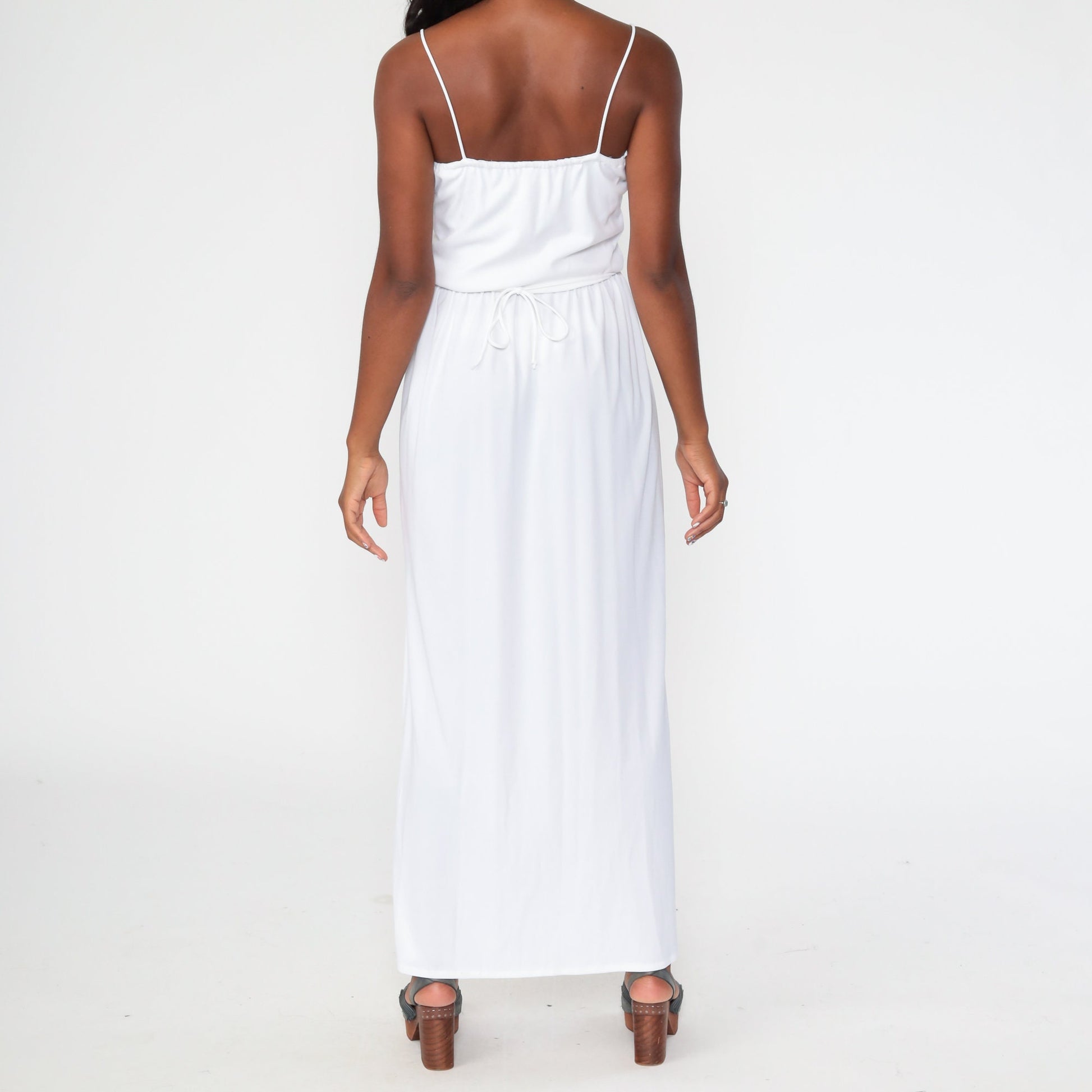 70s White Maxi Dress Spaghetti Strap High Waist Side Slit Small