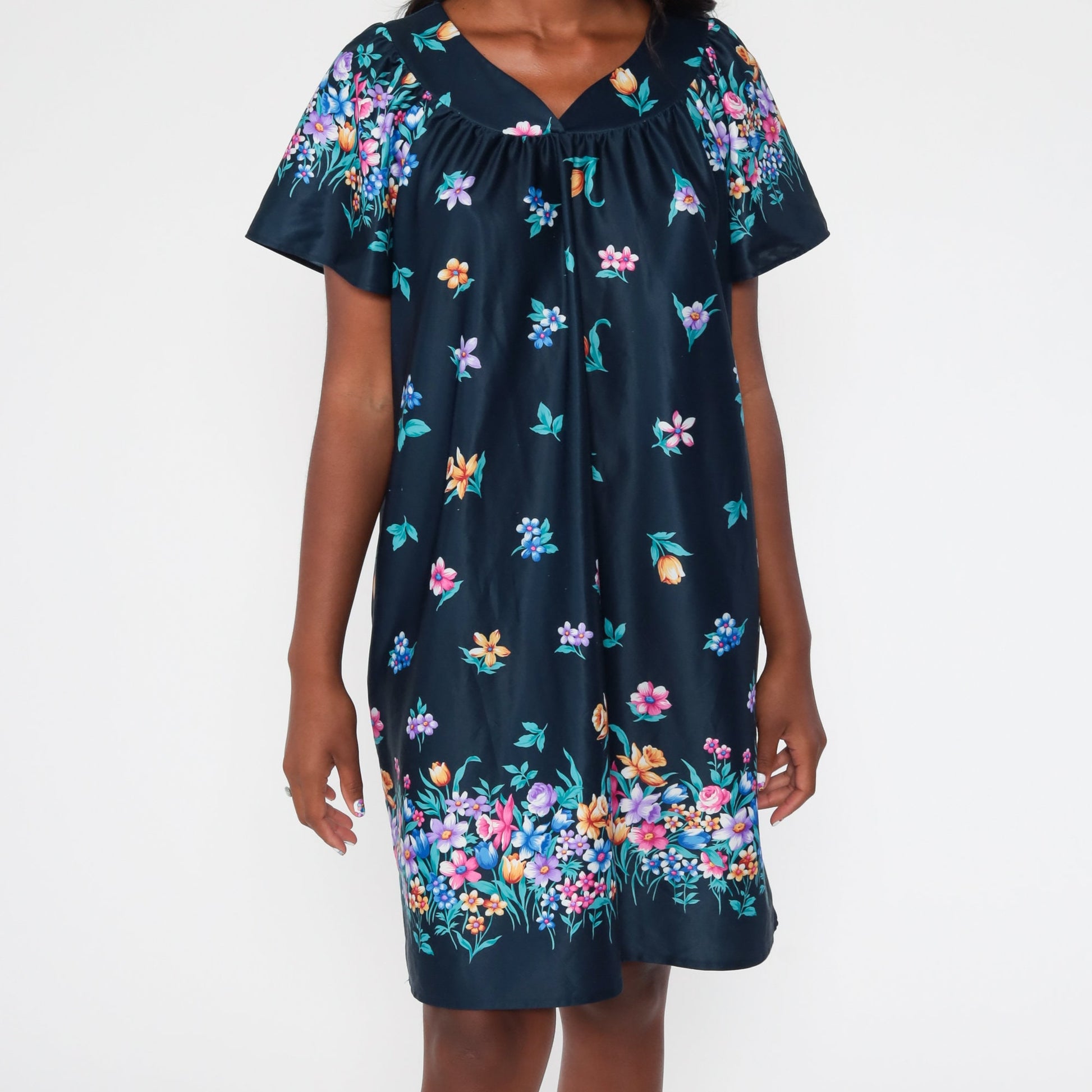 00s Blue Floral Tent Dress Mini Short Sleeve Shift Medium