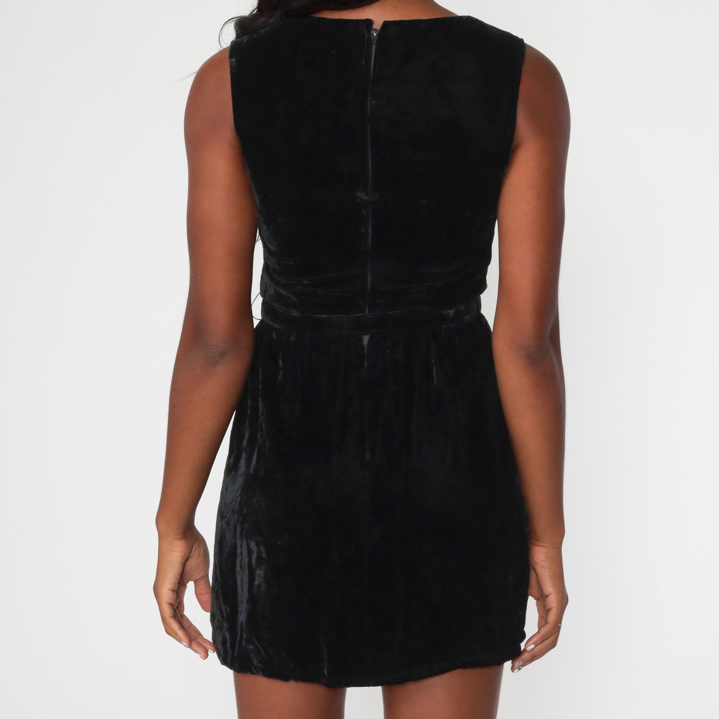 60s Black Velvet Mini Dress Sleeveless High Waist Belted Cocktail Extra Small