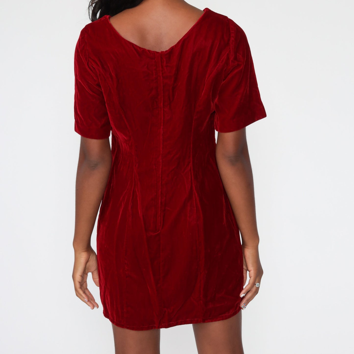70s Red Velvet Mini Shift Dress Short Sleeve Mod Party Small Medium