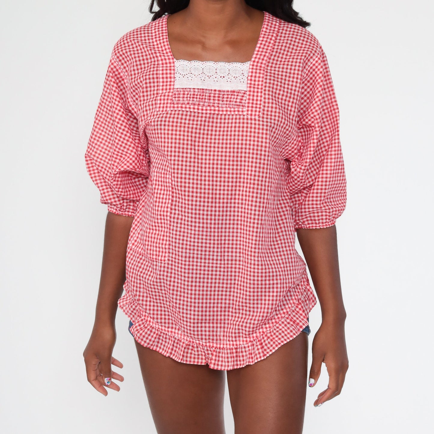 70s Red Gingham Peasant Blouse Open Back Balloon Sleeve Medium Large