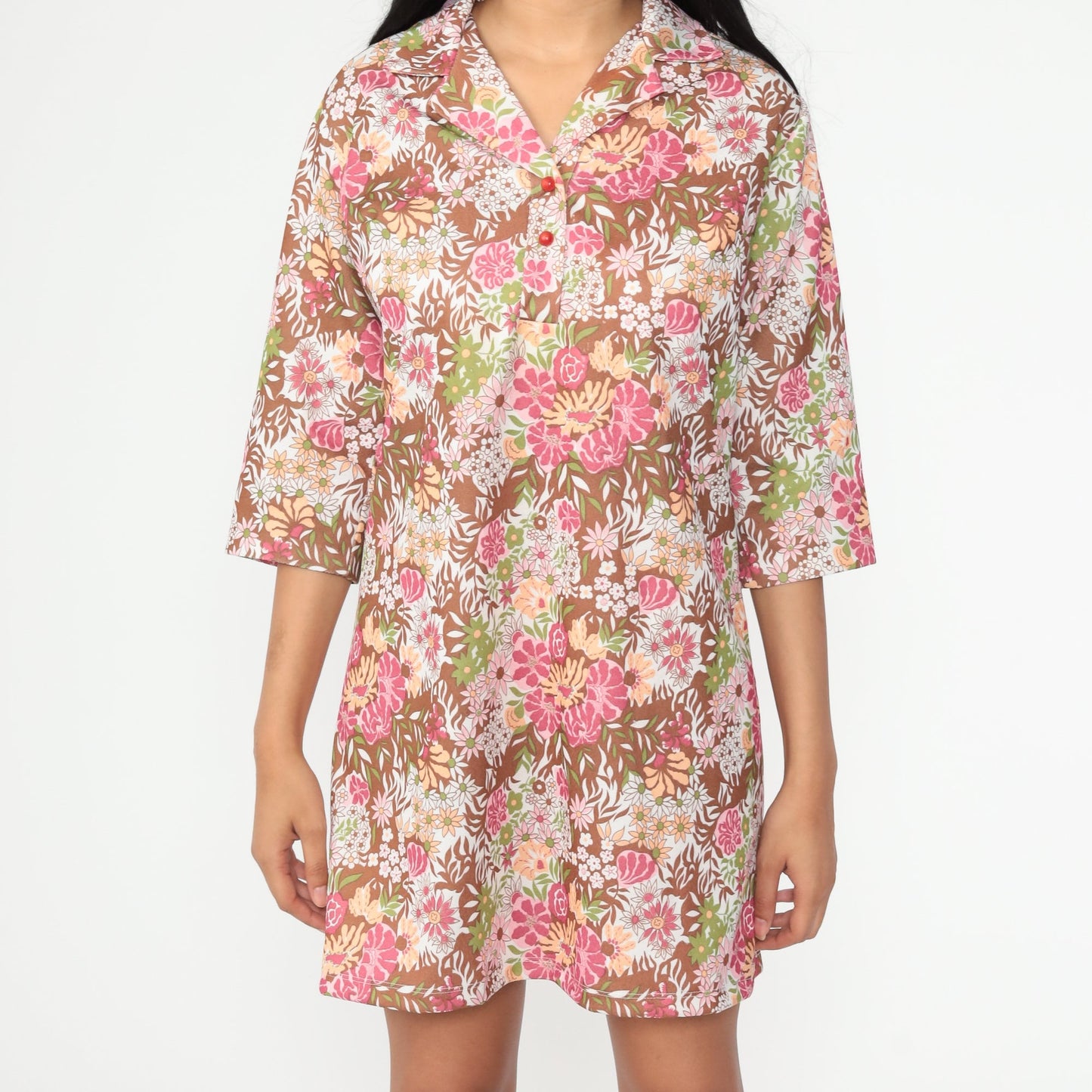 1960s Floral Shift Dress Pink Brown Mini Short Sleeve Medium