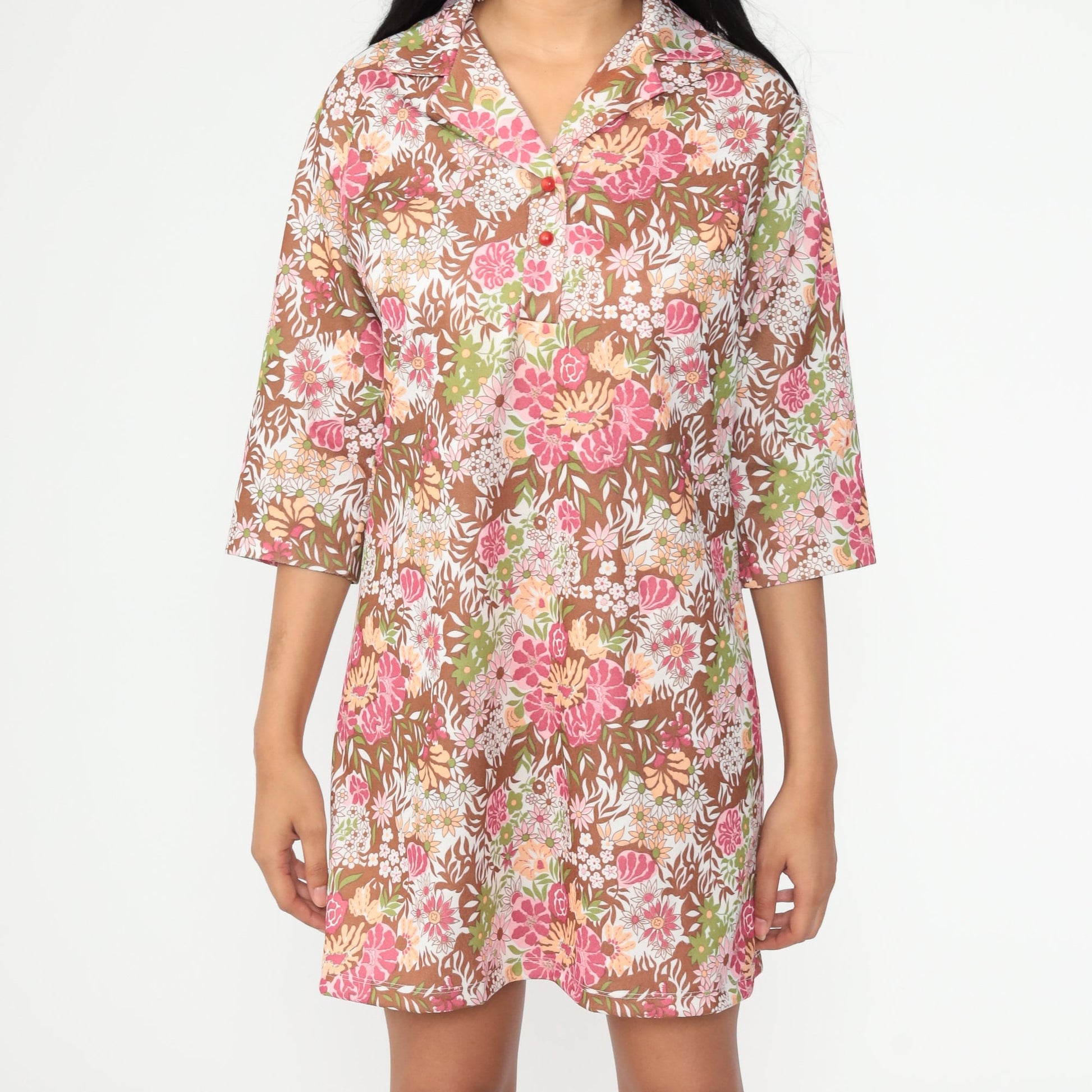 1960s Floral Shift Dress Pink Brown Mini Short Sleeve Medium