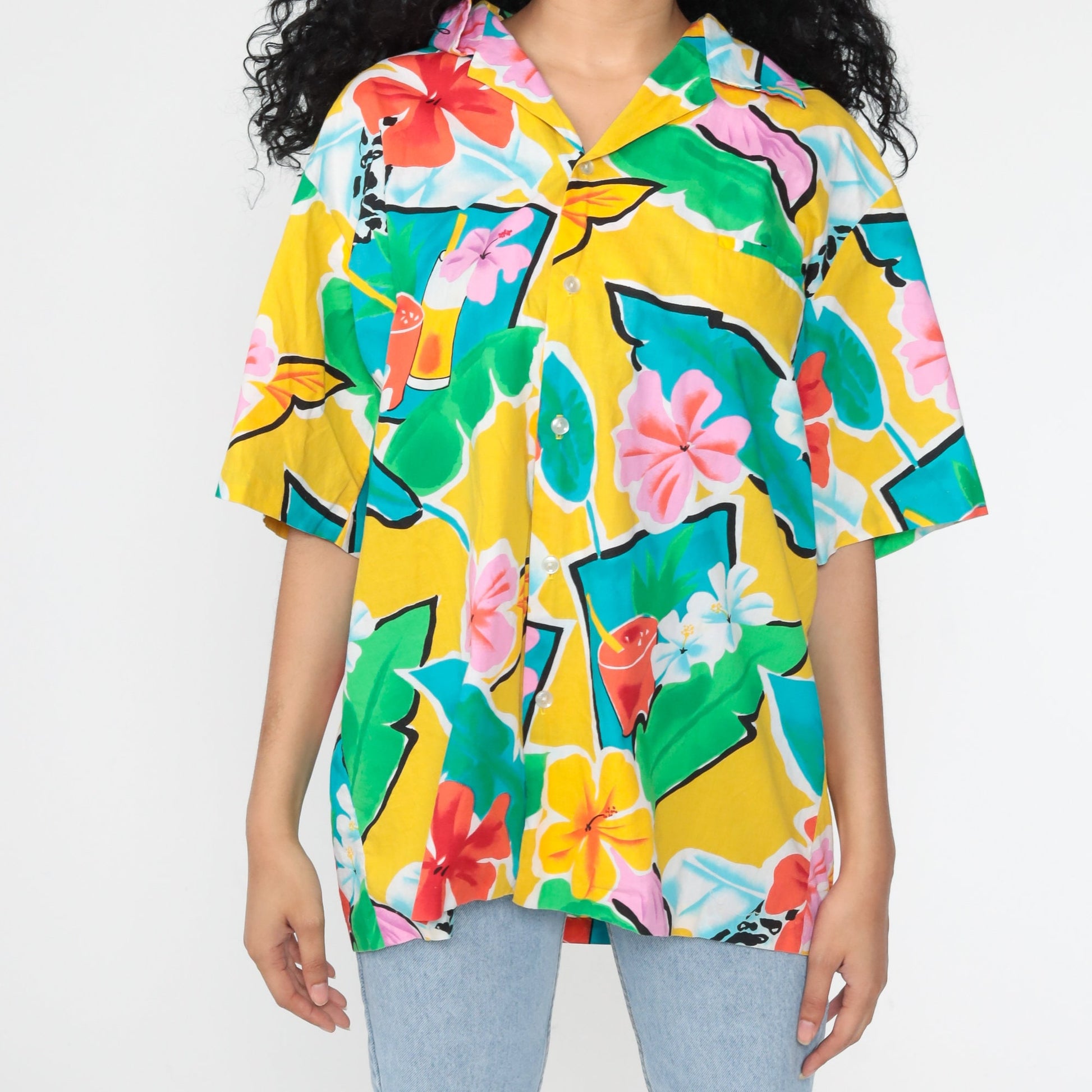80s Hilo Hattie Hawaiian Shirt Tropical Floral Cocktail Print Button Up Extra Large