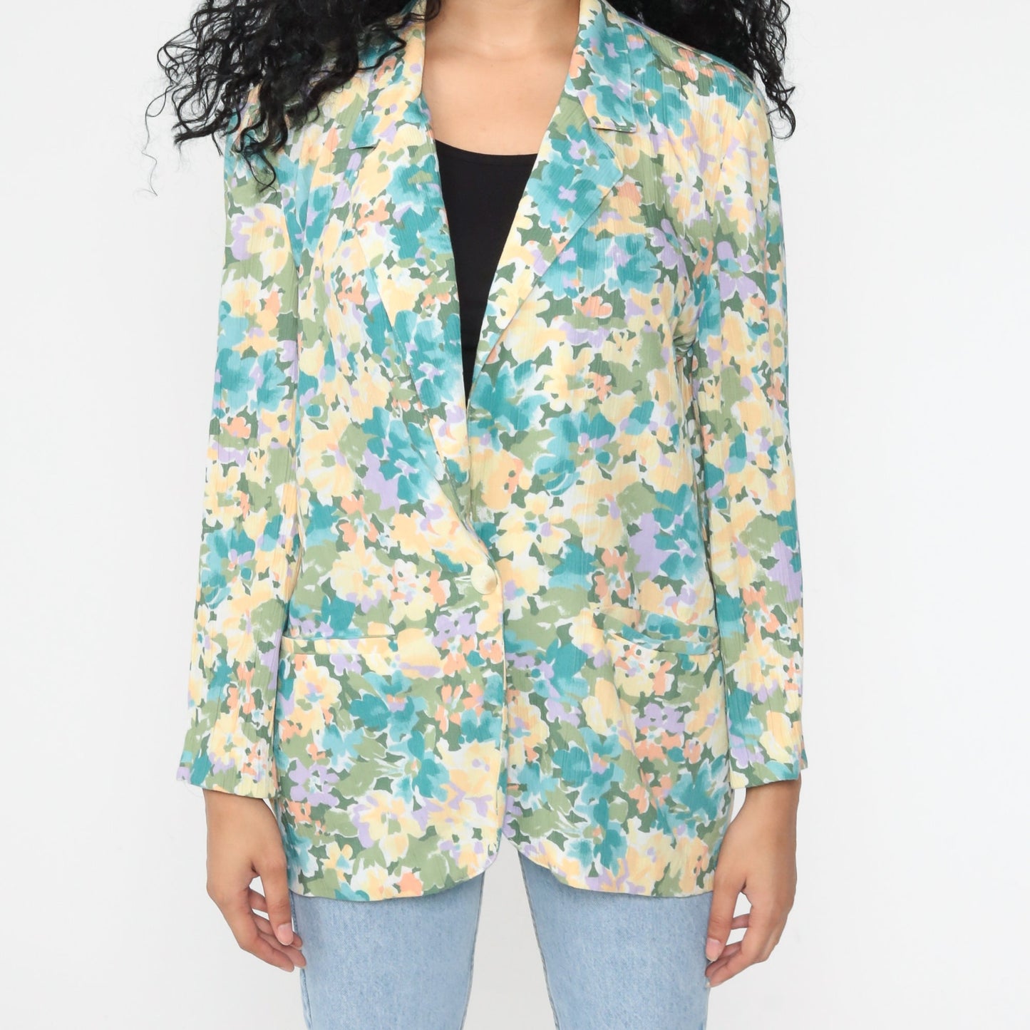 80s Koret Floral Blazer Jacket Pastel Yellow Blue Medium Large
