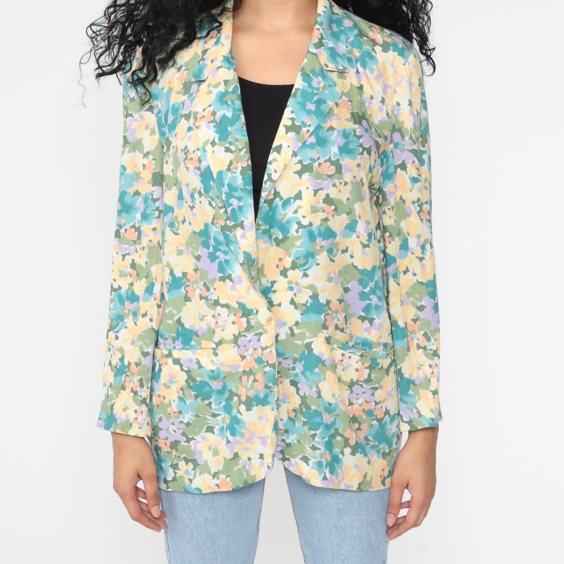 80s Koret Floral Blazer Jacket Pastel Yellow Blue Medium Large