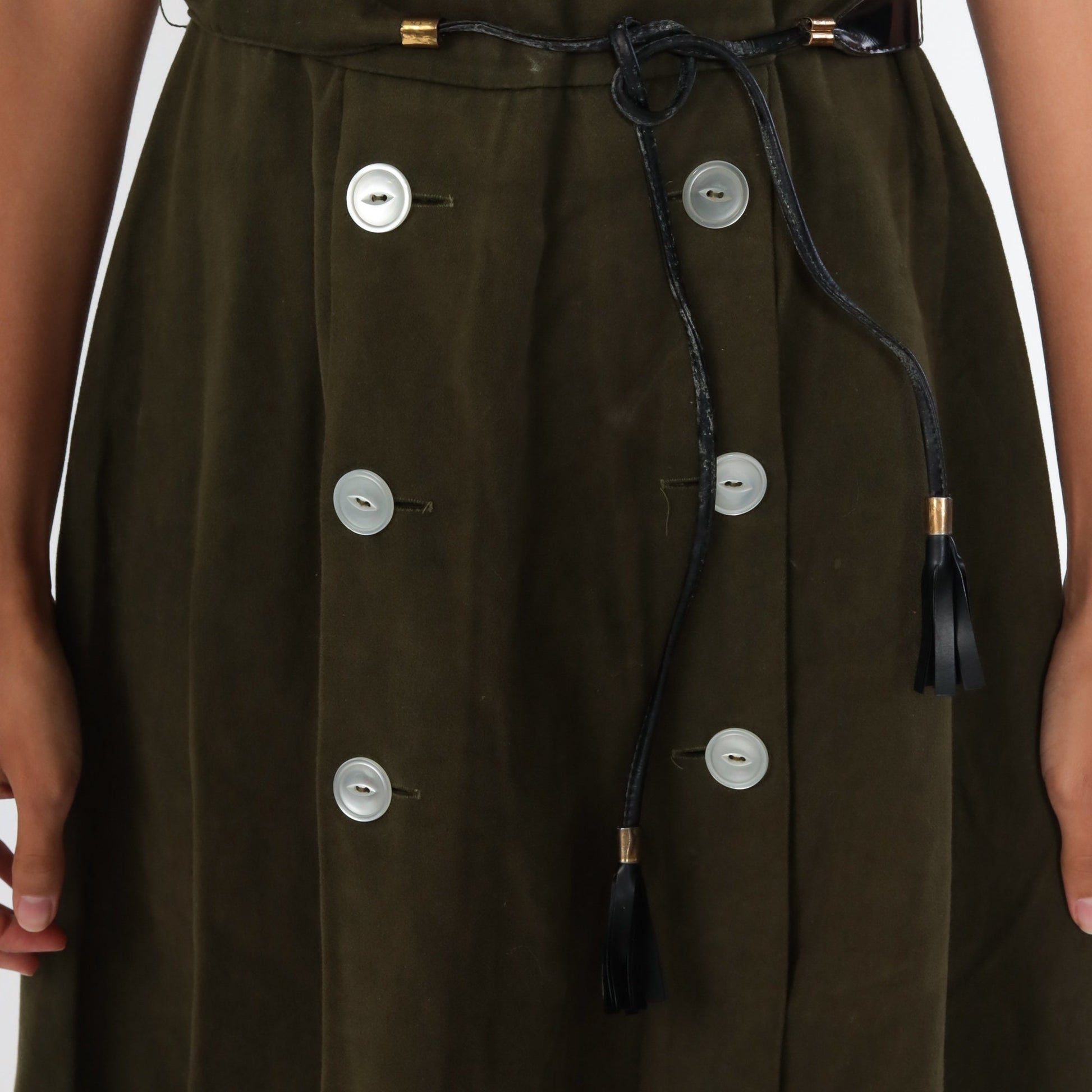 60s Mod Mini Dress Olive Green Faux Suede High Waist Sleeveless Small