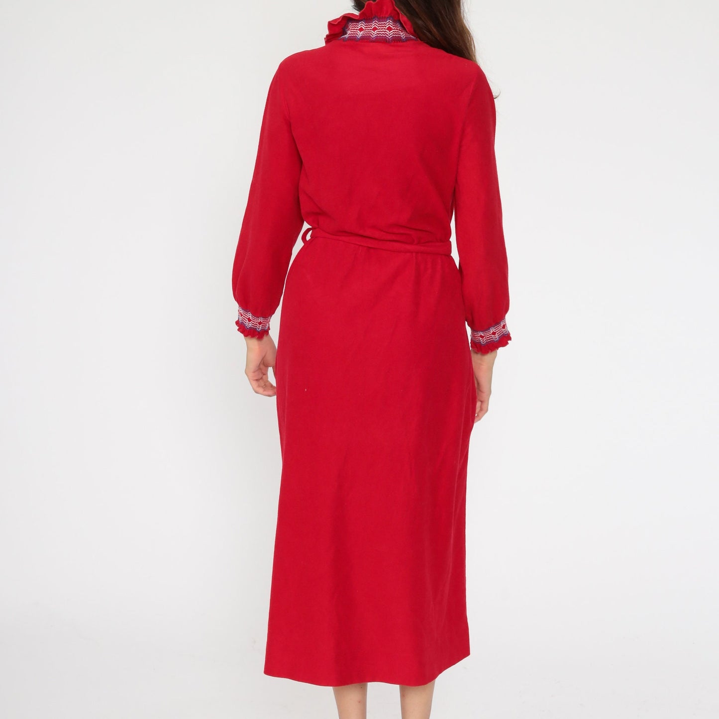 70s Anne Leslie Red Wrap Maxi Robe Dress Belted Loungewear Small Medium