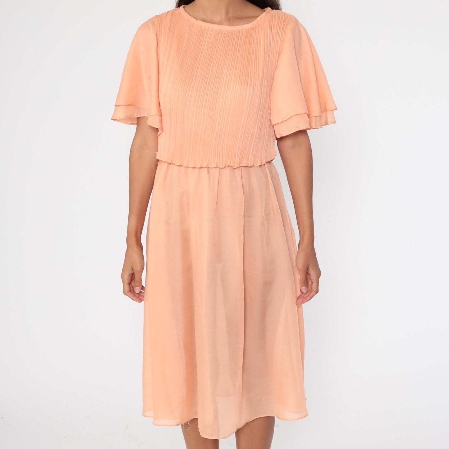 70s Orange Grecian Midi Dress Flutter Sleeve High Waist Small