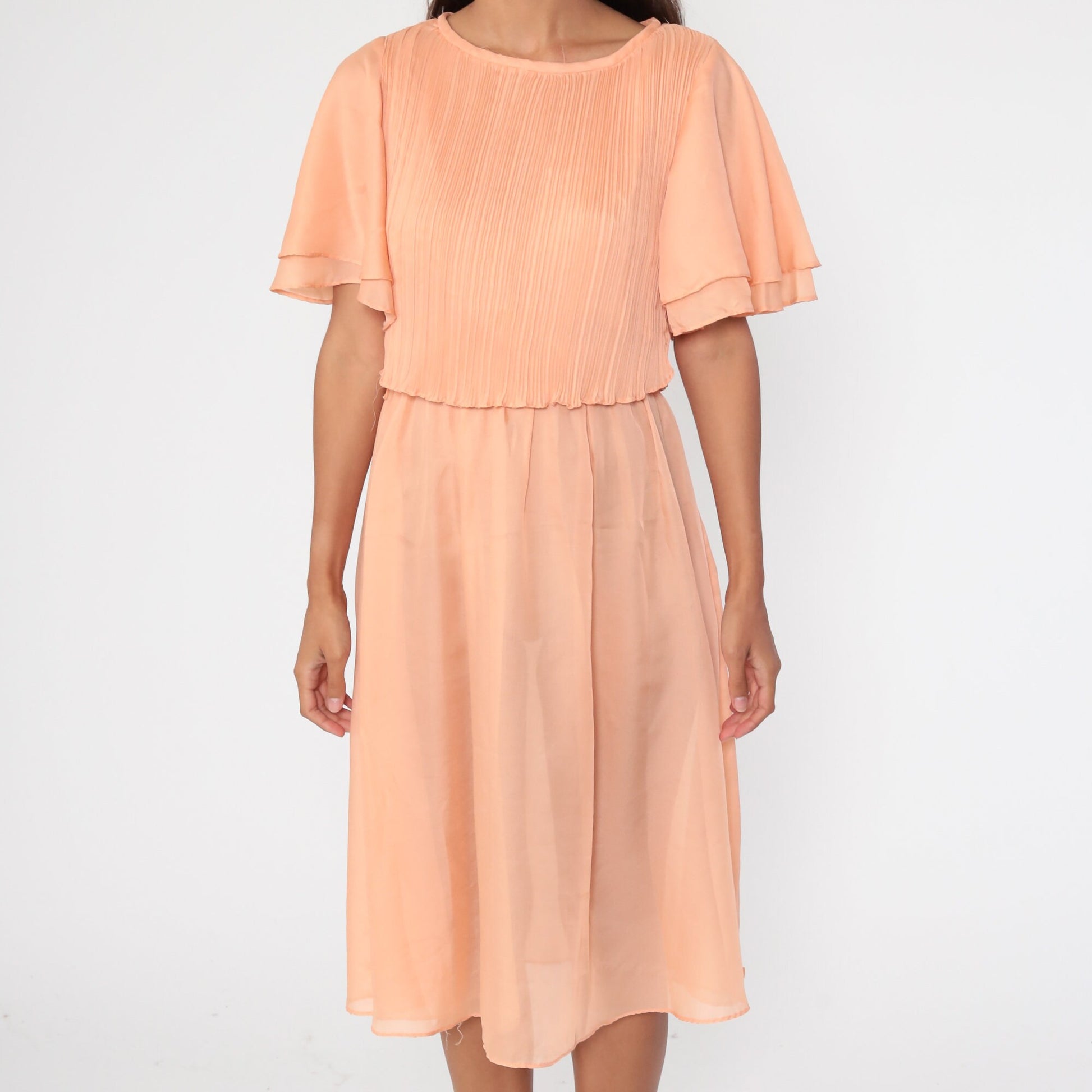 70s Orange Grecian Midi Dress Flutter Sleeve High Waist Small