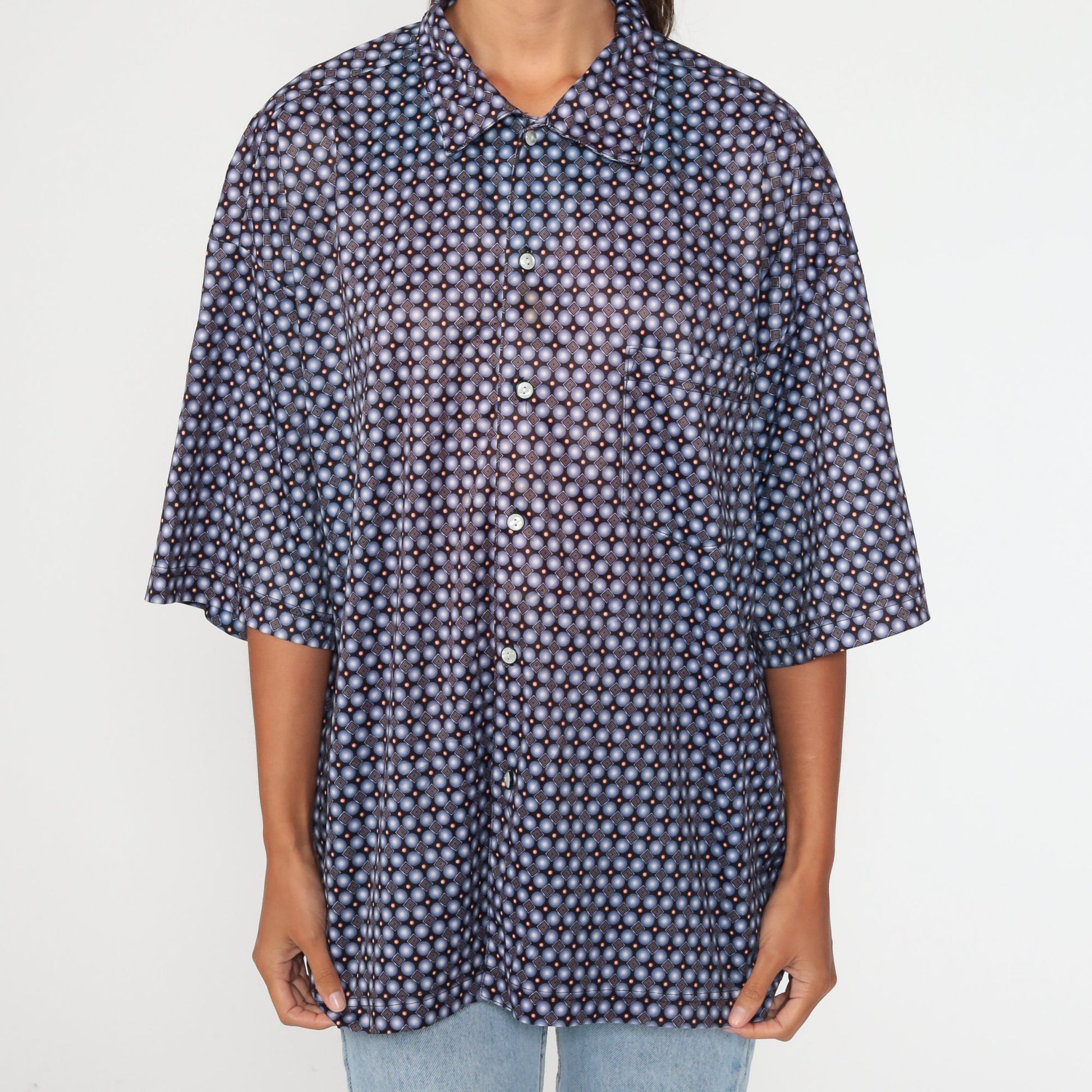 90s Geometric Print Button-Up Shirt Blue Brown Short Sleeve Extra Large