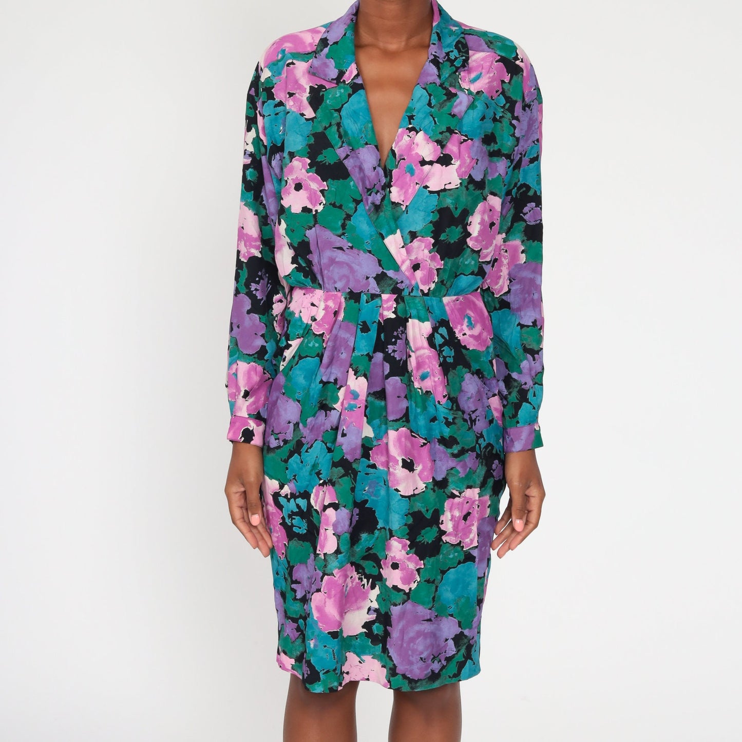 80s Pat Argenti Floral Wrap Dress Purple Midi Dolman Sleeve Medium