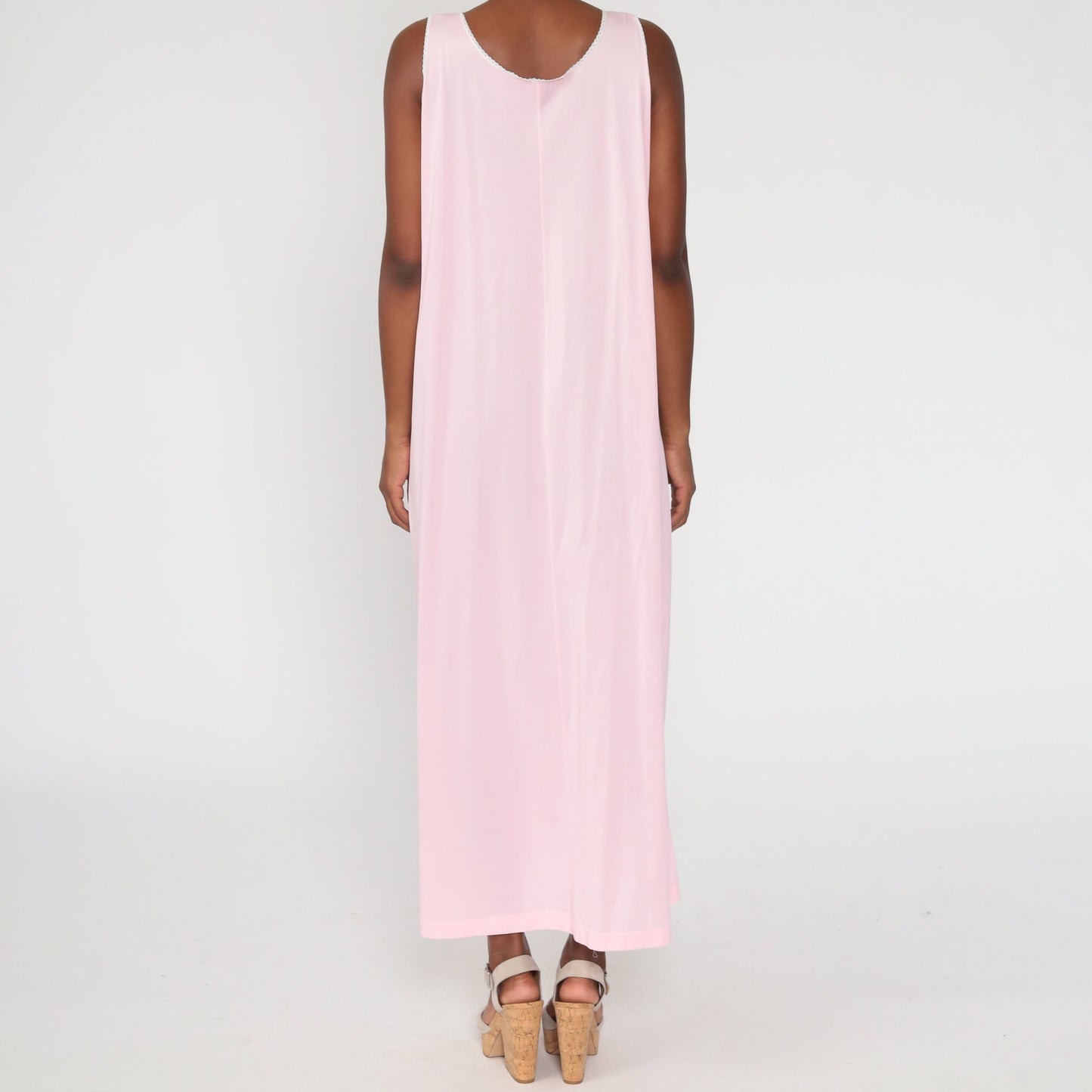 70s Baby Pink Nylon Lace Nightgown Sleeveless Maxi Slip Dress Large
