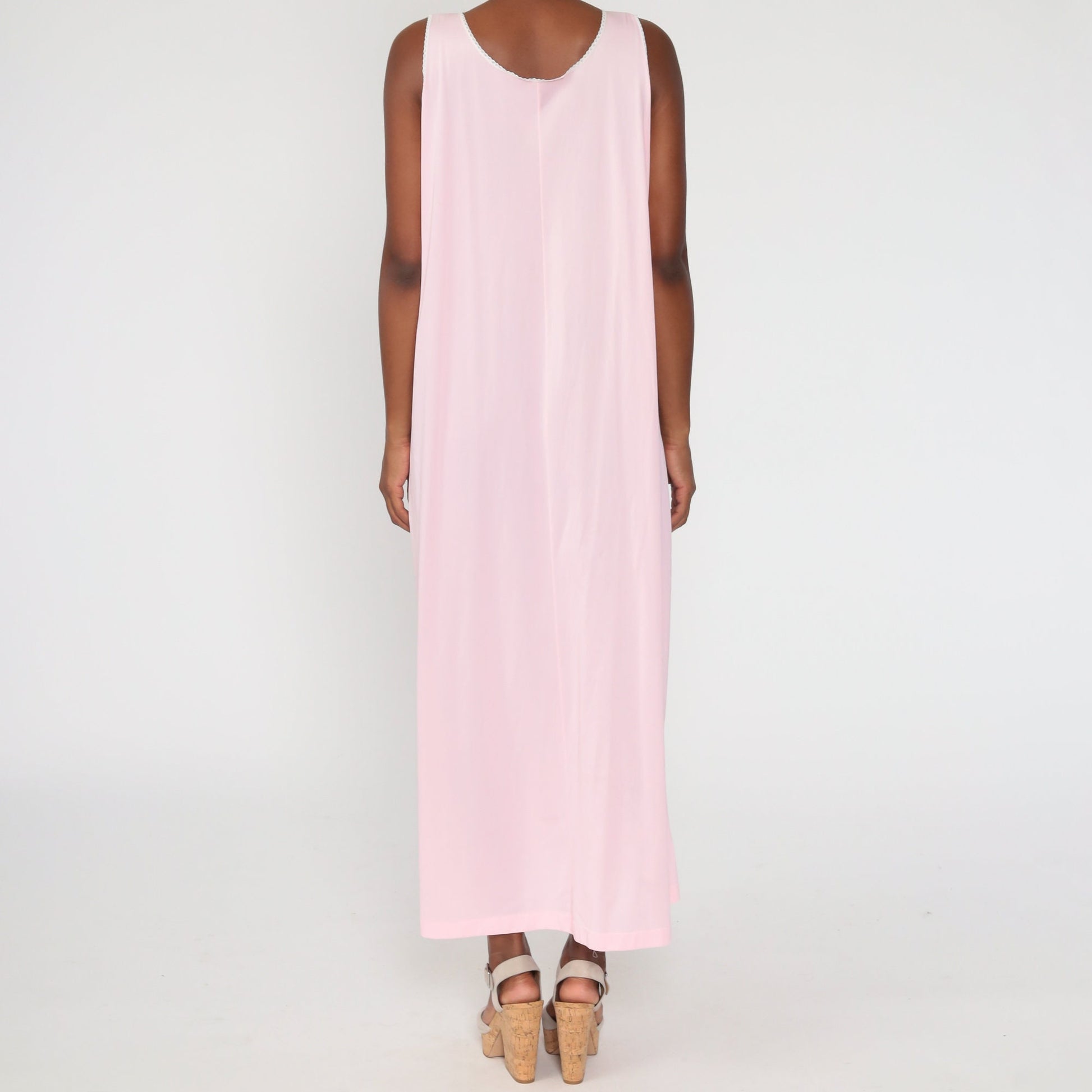 70s Baby Pink Nylon Lace Nightgown Sleeveless Maxi Slip Dress Large