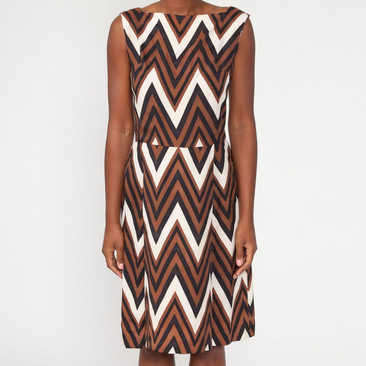 1970s Zigzag Striped Midi Dress Brown Black High Waist Sleeveless Small