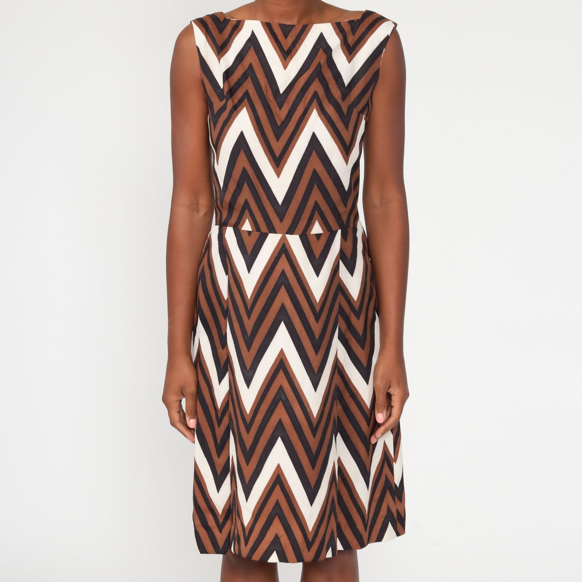 1970s Zigzag Striped Midi Dress Brown Black High Waist Sleeveless Small