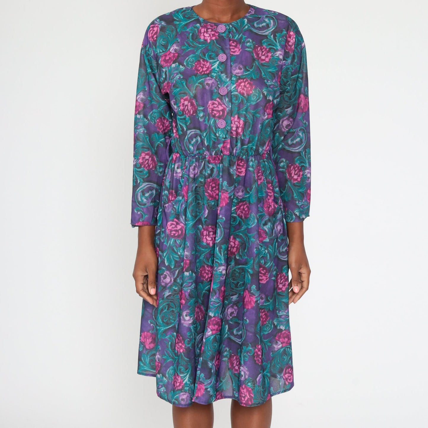 1970s Purple Floral Midi Dress High Waist Long Sleeve Button Front Medium