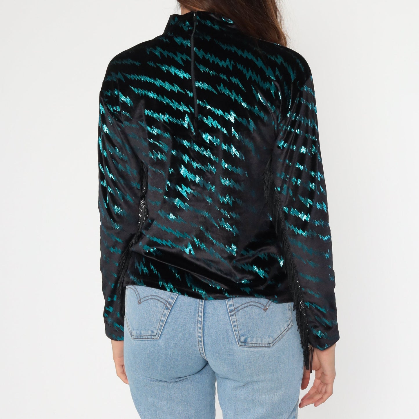 90s Metallic Tiger Print Fringe Turtleneck Y2K Club Shirt Extra Small XS