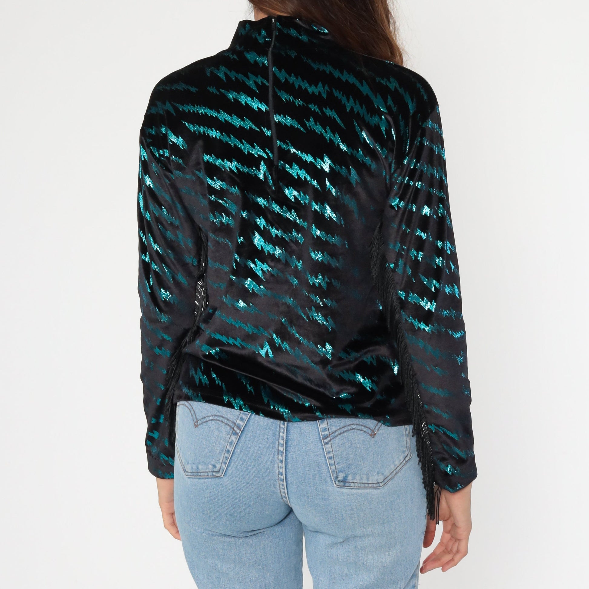 90s Metallic Tiger Print Fringe Turtleneck Y2K Club Shirt Extra Small XS