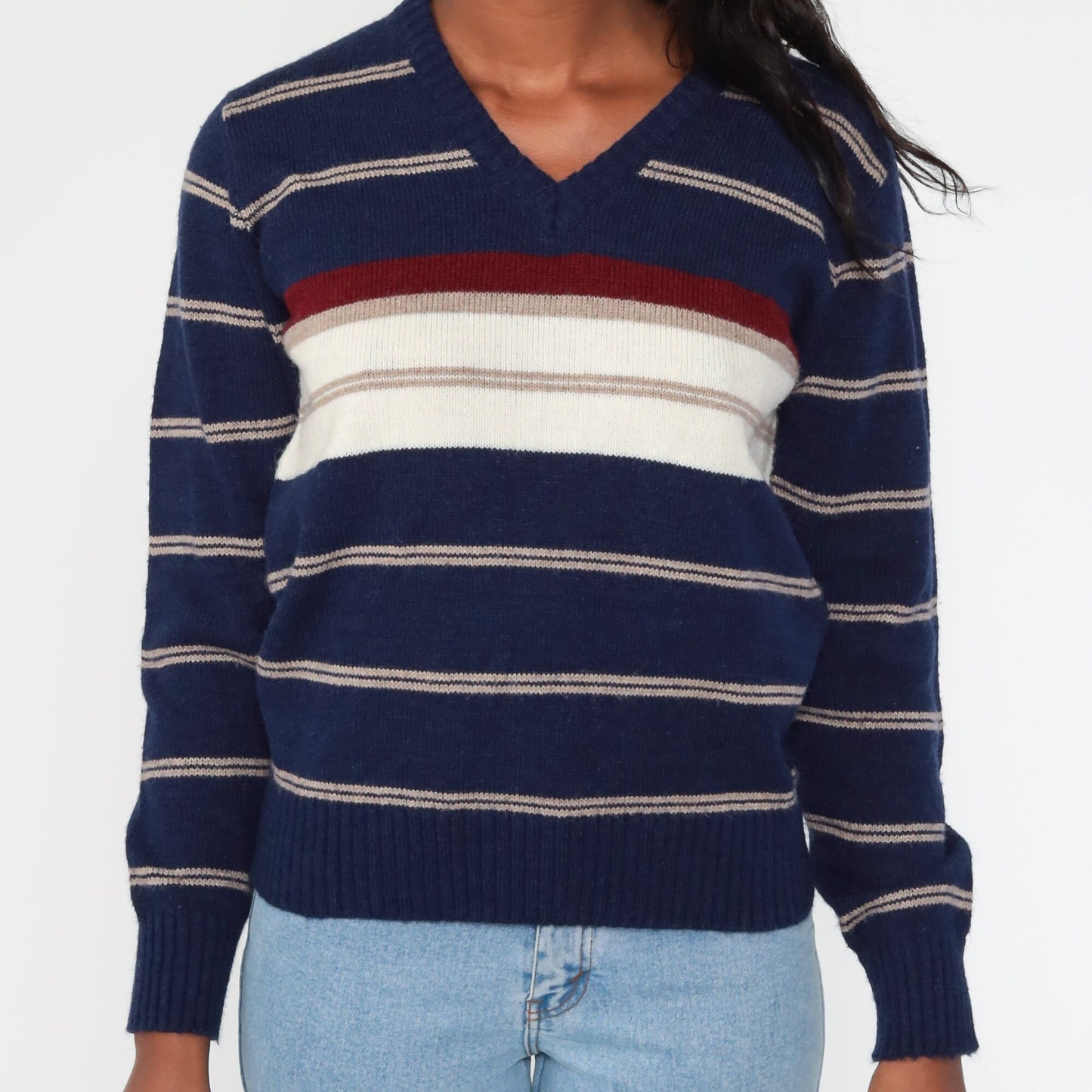 80s Le Tigre Navy Striped V-Neck Knit Sweater Small Medium