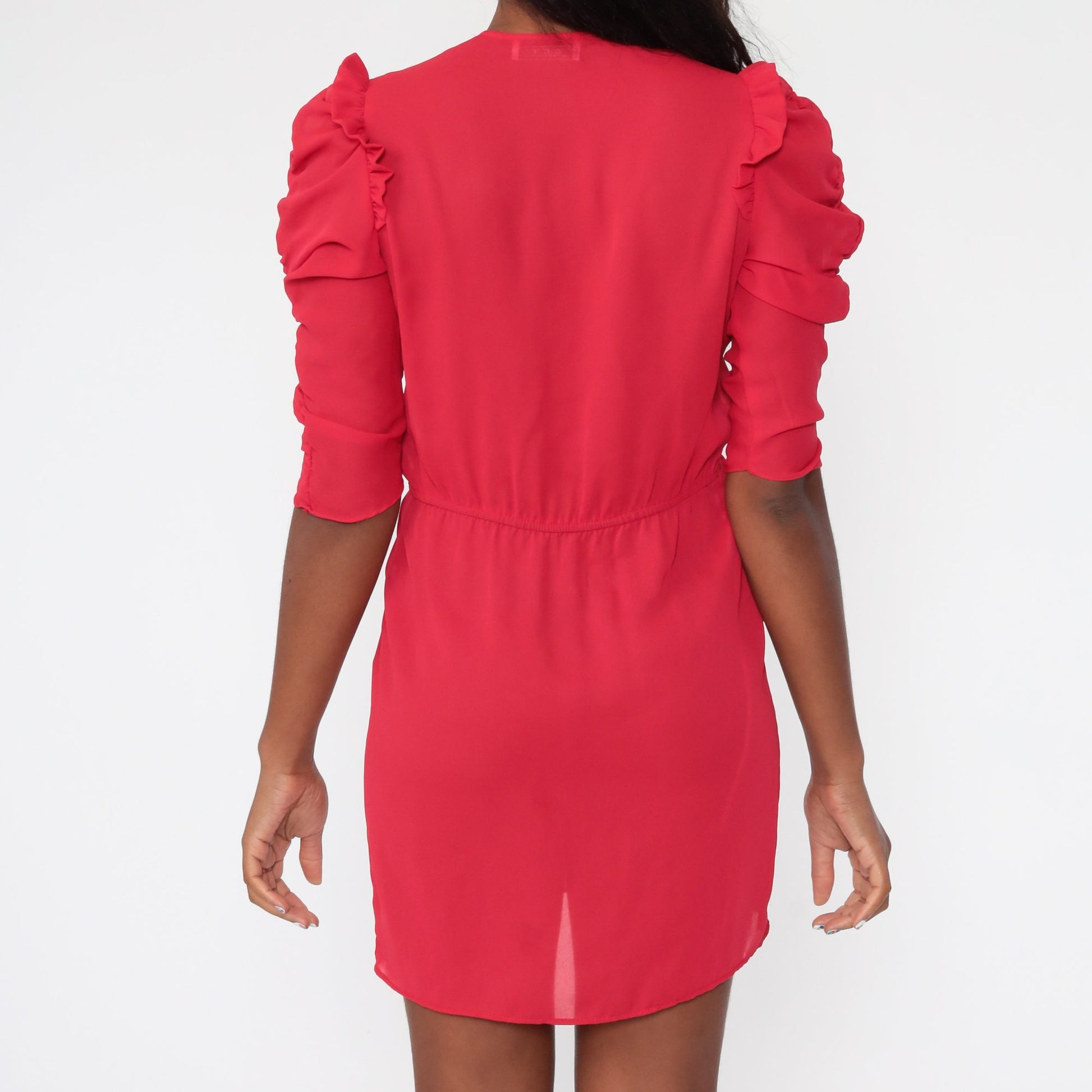 80s Cherry Red Puff Sleeve Mini Dress Wrap V-Neck Ruffled Small
