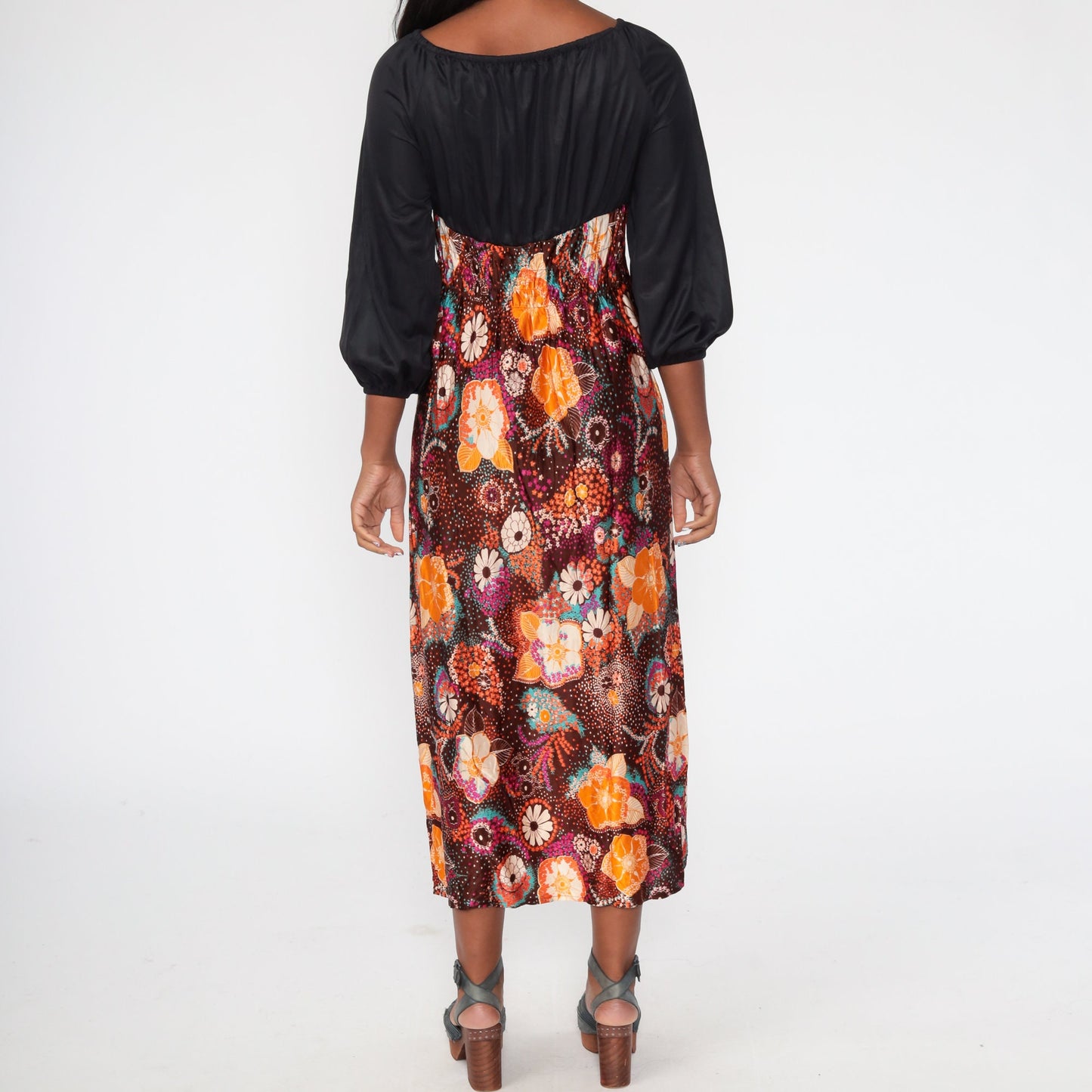 70s Psychedelic Floral Maxi Dress Empire Waist Smocked Black Purple Small