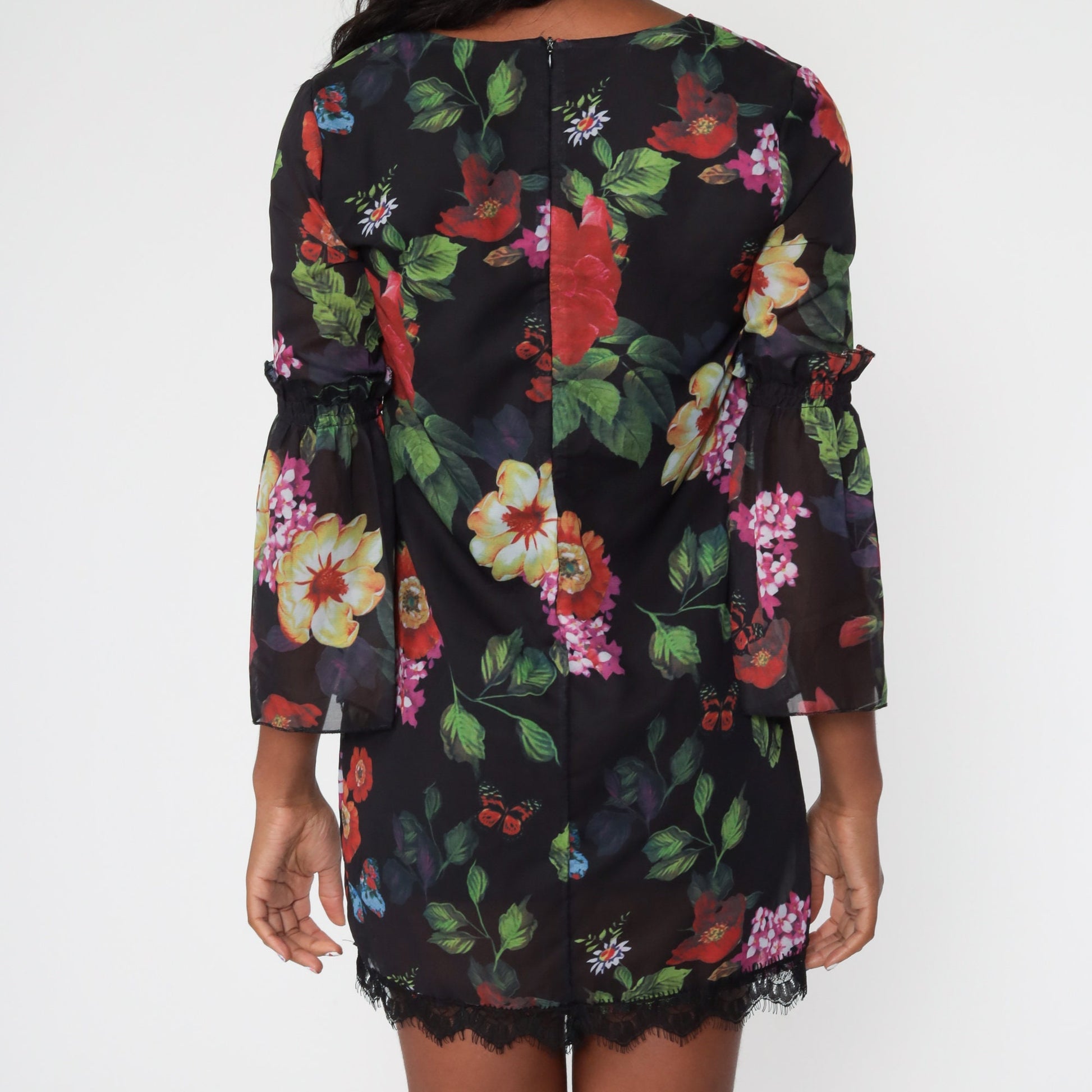 Y2K Floral Lace Mini Dress 00s Butterfly Print Long Sleeve Small S