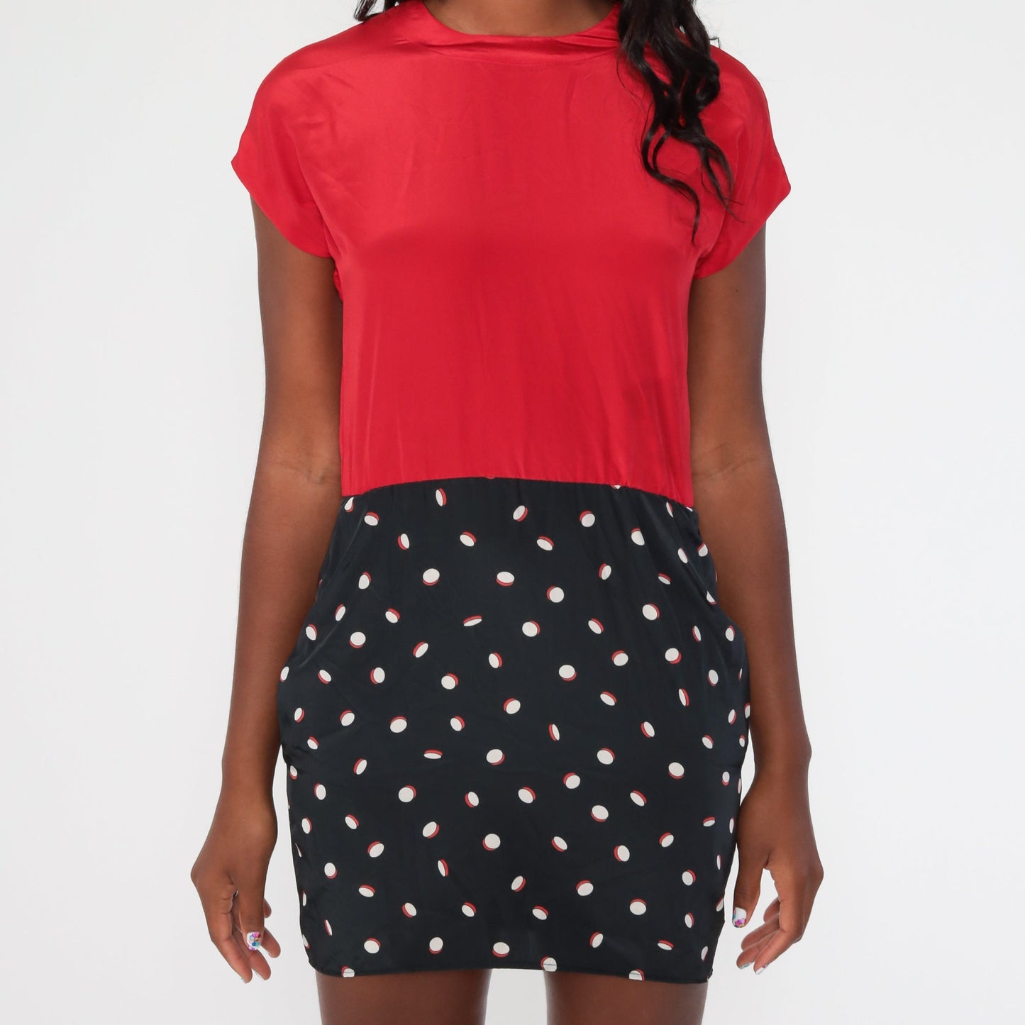 90s Liz Claiborne Polka Dot Mini Dress Red Black Cap Sleeve Small
