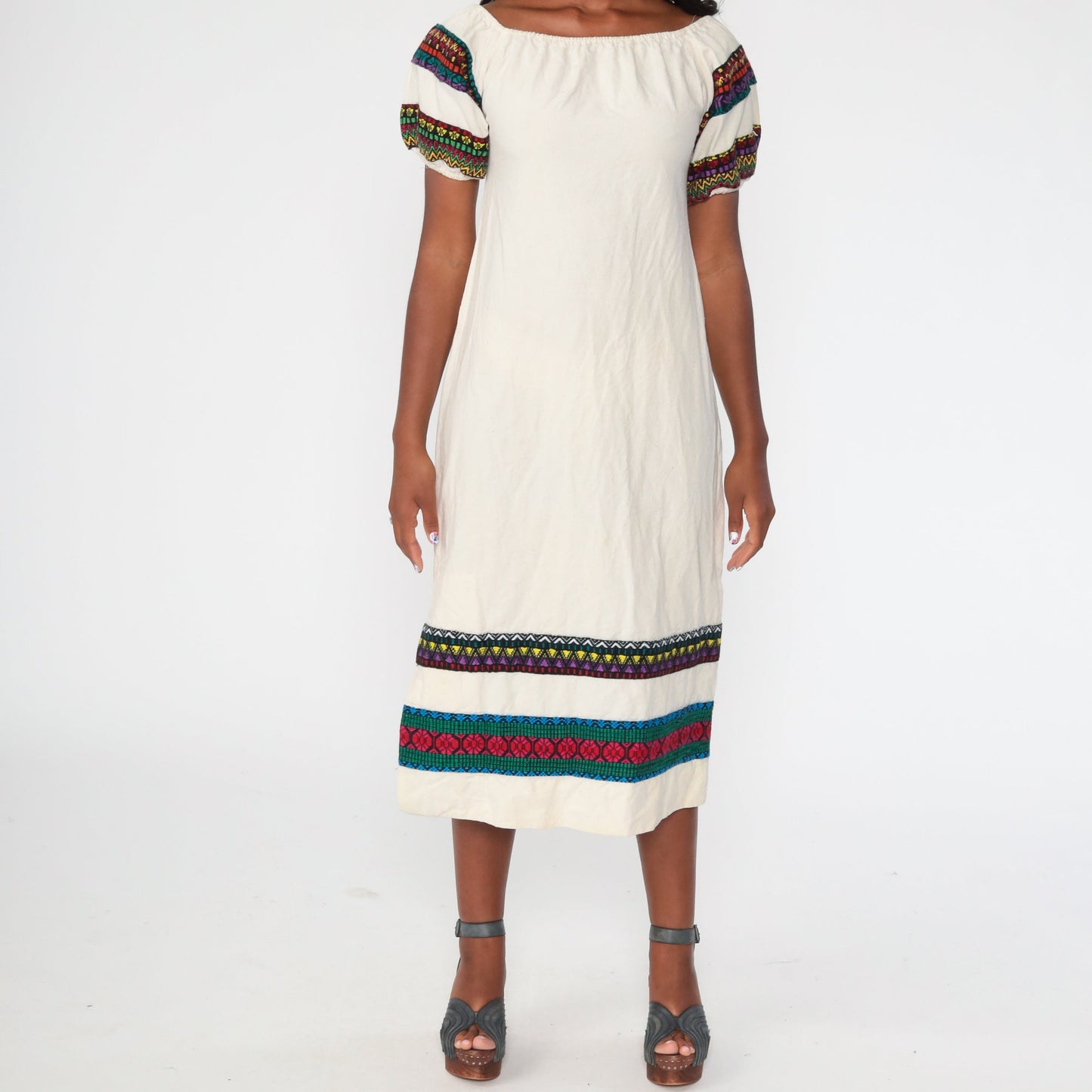 70s Floral Embroidered Peasant Dress Cream Puff Sleeve Midi Extra Small
