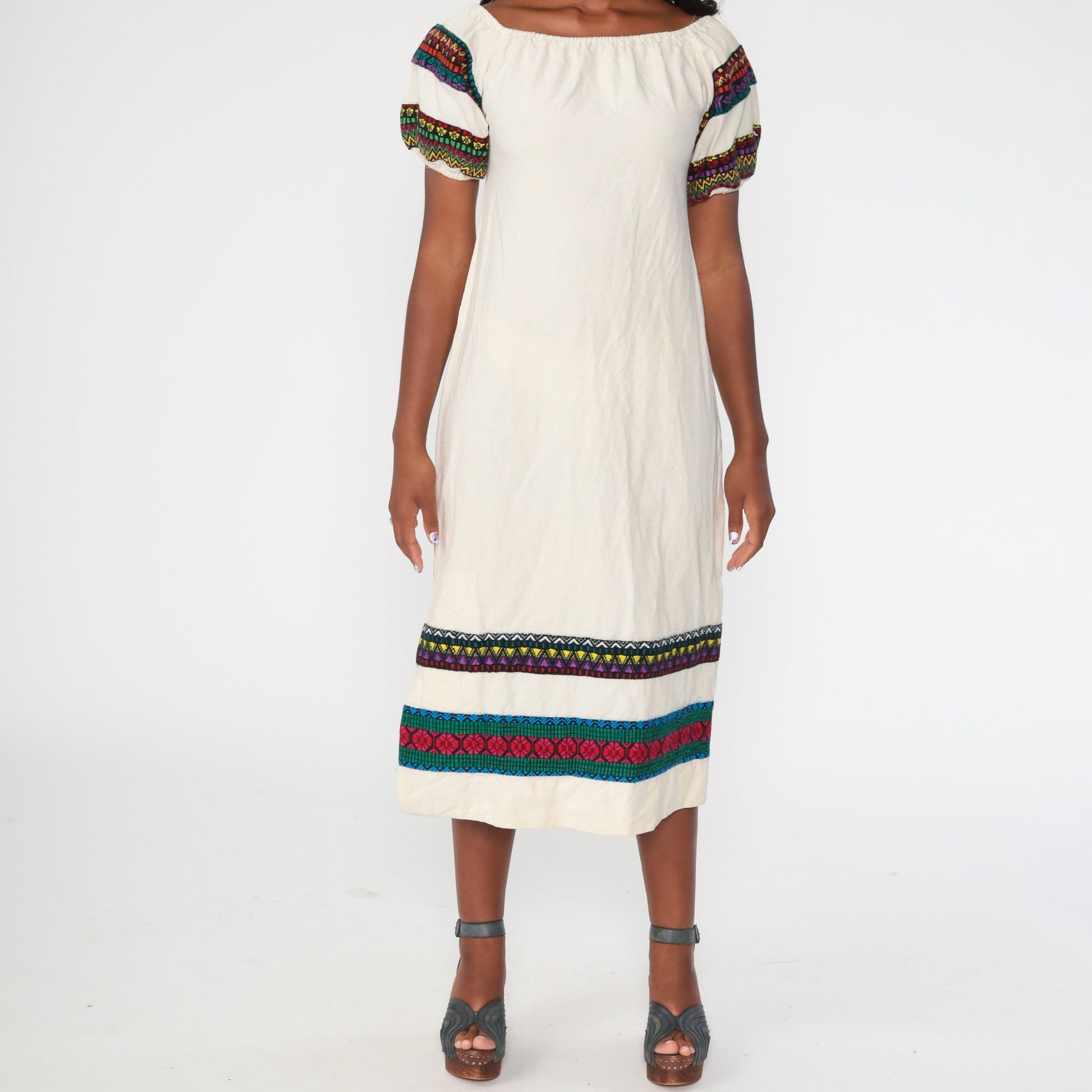 70s Floral Embroidered Peasant Dress Cream Puff Sleeve Midi Extra Small