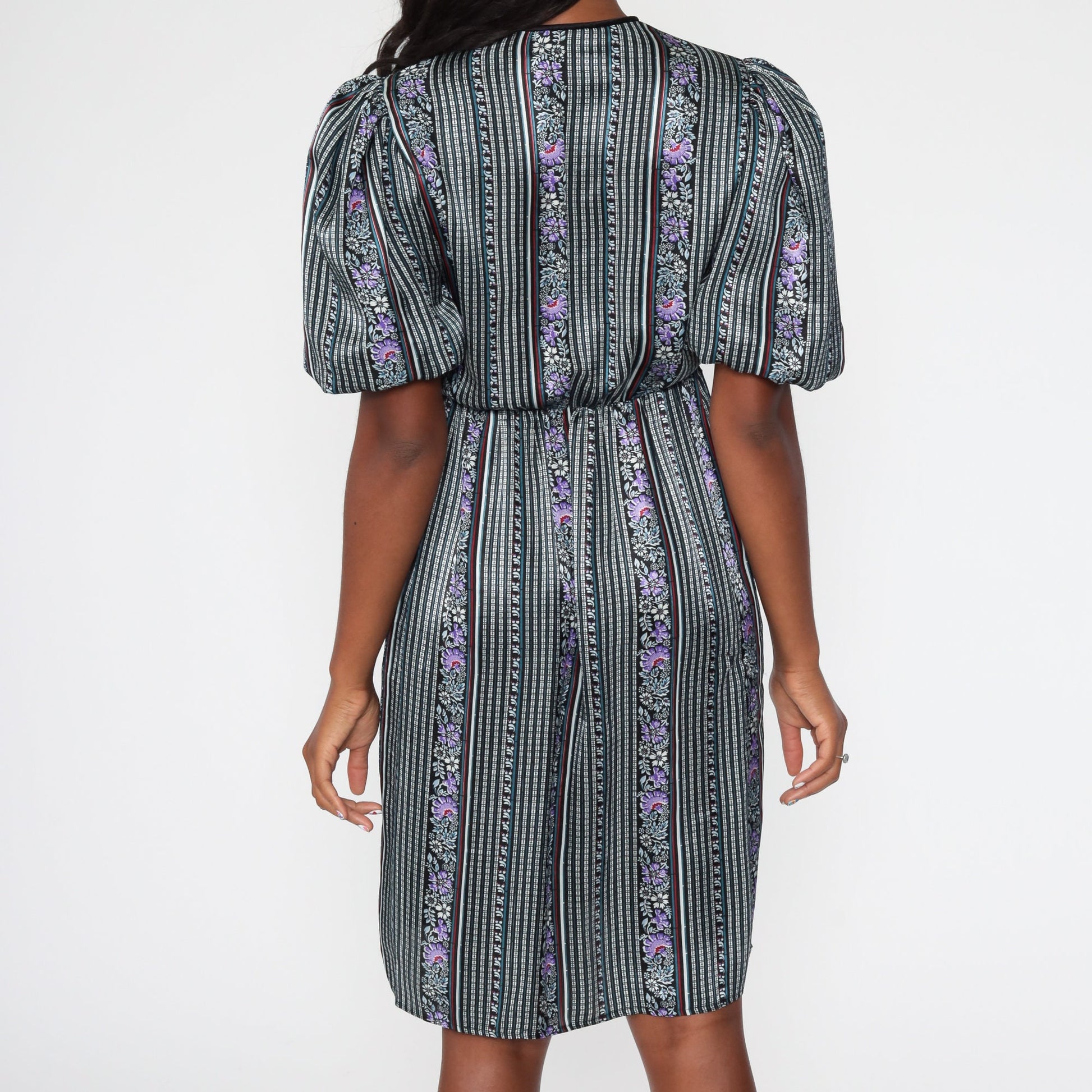 1970s Striped Floral Midi Dress Purple Black V-Neck Puff Sleeve High Waist Small